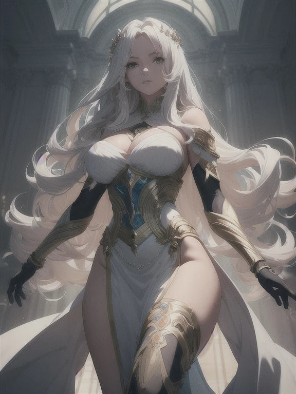 "masterpiece, top-quality, the Extremely Detailed CG Unity 8K Wallpapers, Ultra-realistic 8kCG, erfect artwork, The perfect female figure, Dramatic shadows, she is a beautiful woman, with sharp and elegant features reminiscent of a goddess. Her hair is long and flowing, and holds a radiant glow to it. Her dress is simple but elegant, made of soft and flowing fabric that hugs her figure. The overall effect is one of elegance and grace, yet she also gives off an air of authority and strength."