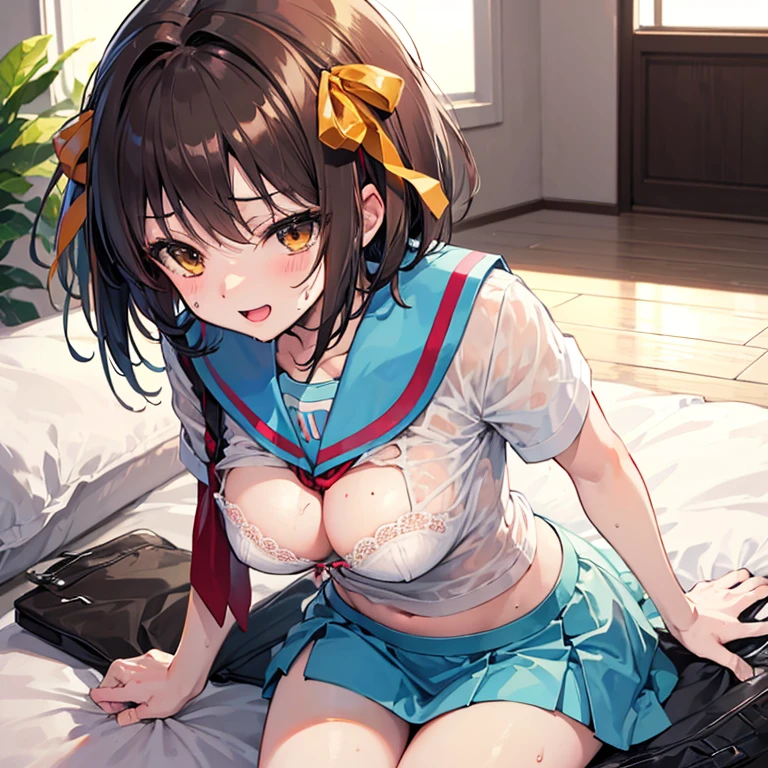 Top quality Haruhi Suzumiya's high school sweat thin white shirt beige bra  skirt flip happy sweat wet messy clothes ripped clothes