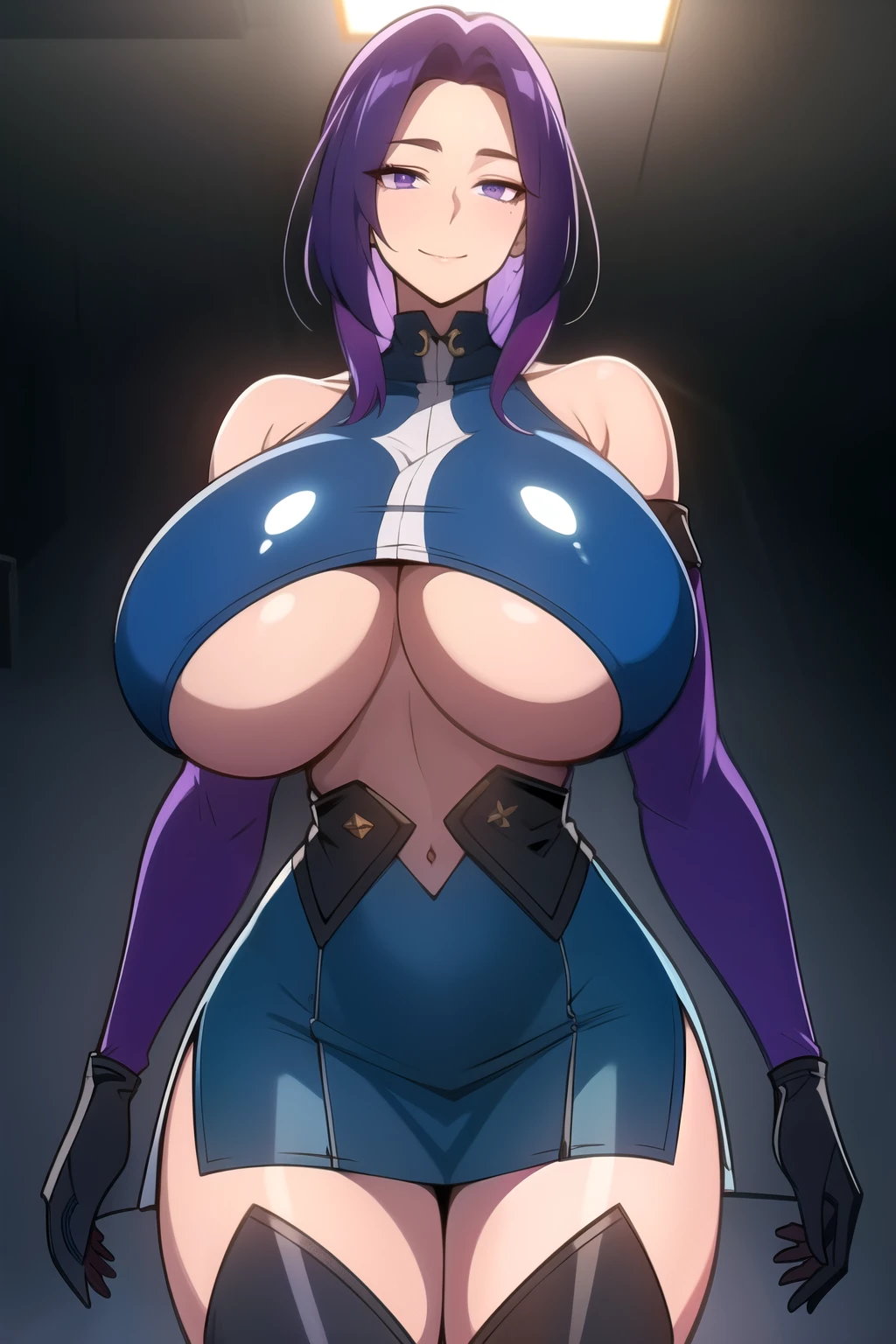 masterpiece, best quality, absurdres, 8k, perfect shadows,perfect lighting,hdr, cowboy shot,shiny skin,skindentation, beautiful body, kafka, ((Purplish Blue hair: 1.4)), long hair, (violet eyes: 1.4), (crop top, (underboob : 1.4), elbow gloves, thigh boots, split skirt, bare shoulders, curvy, midriff, curvy, thighs, higheels, shiny clothes), complex detailed background, inside, luxury palace) (gigantic breasts,hourglass body, thin waist,very slim waist)extremely detailed face,detailed eye makeup, detail face, nice detailed eyes,nice hands, perfect hands (realistic pupils,realistic iris:1) heavy eye makeup,glowing eyes, Bright eyes,standing,standing at attention,(seductive smile), (gigantic breasts: 1.1), curvy