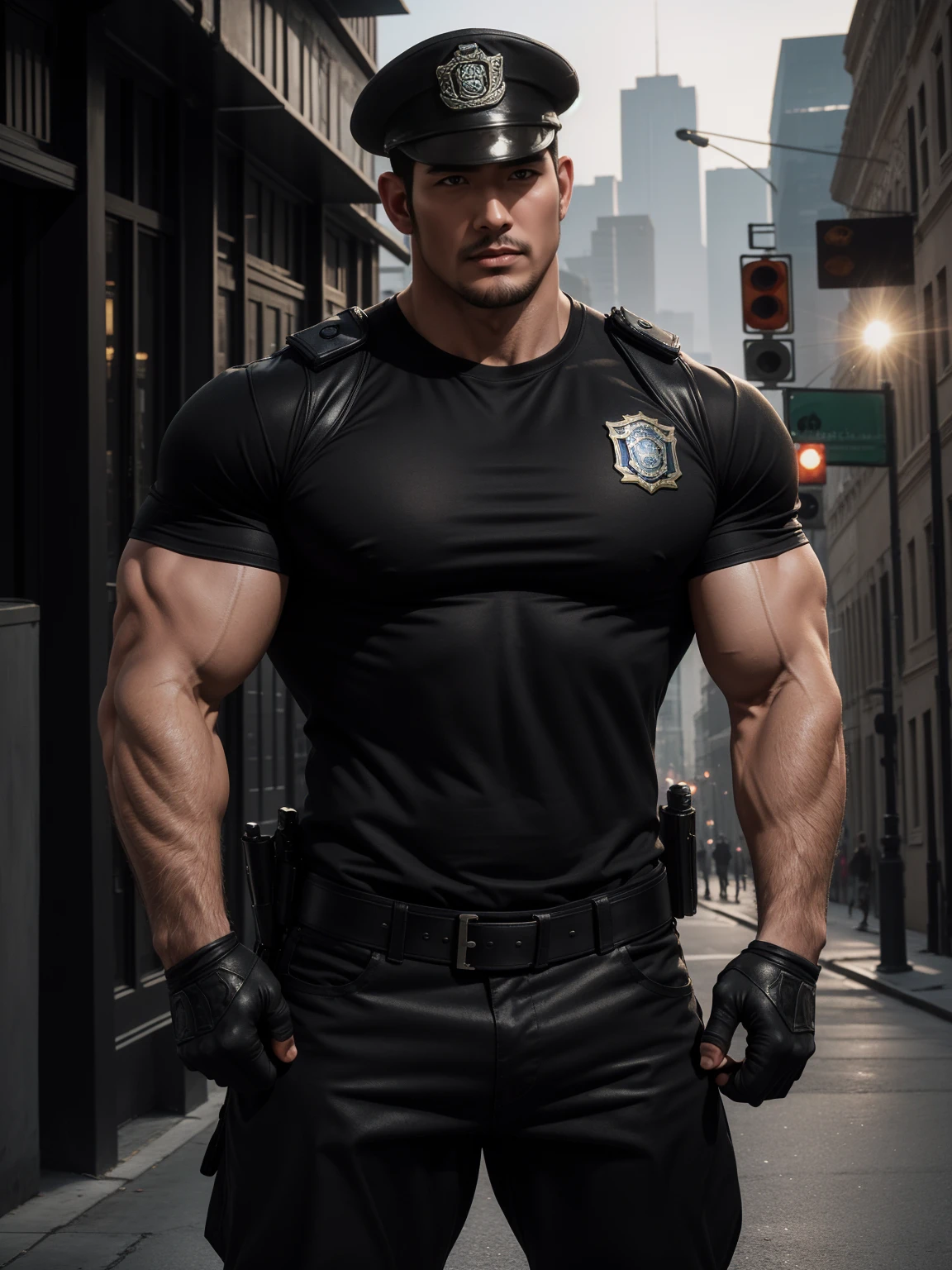 One Tall giant muscular police officer, Chinese police hat, Big black mask,  On the outdoor street, Brown skinny T-shirt, The expression is arrogant, Lift your chin, disheveled hair, thick thighs, Brown skinny T-shirt, Very tight, Regular symmetrical pattern, Accentuate muscles, Police uniform pants, character concept（Resident Evil - chris redfield, chris redfield）proud expression, Deep and charming eyes, heroic male pose, tall burly, muscular！muscular thighs, tough guy, perfect facial features, High, burly, Heqiang, Super gain and cool, high resolution committee, Charming strong man, The sun is blazing, Dazzling