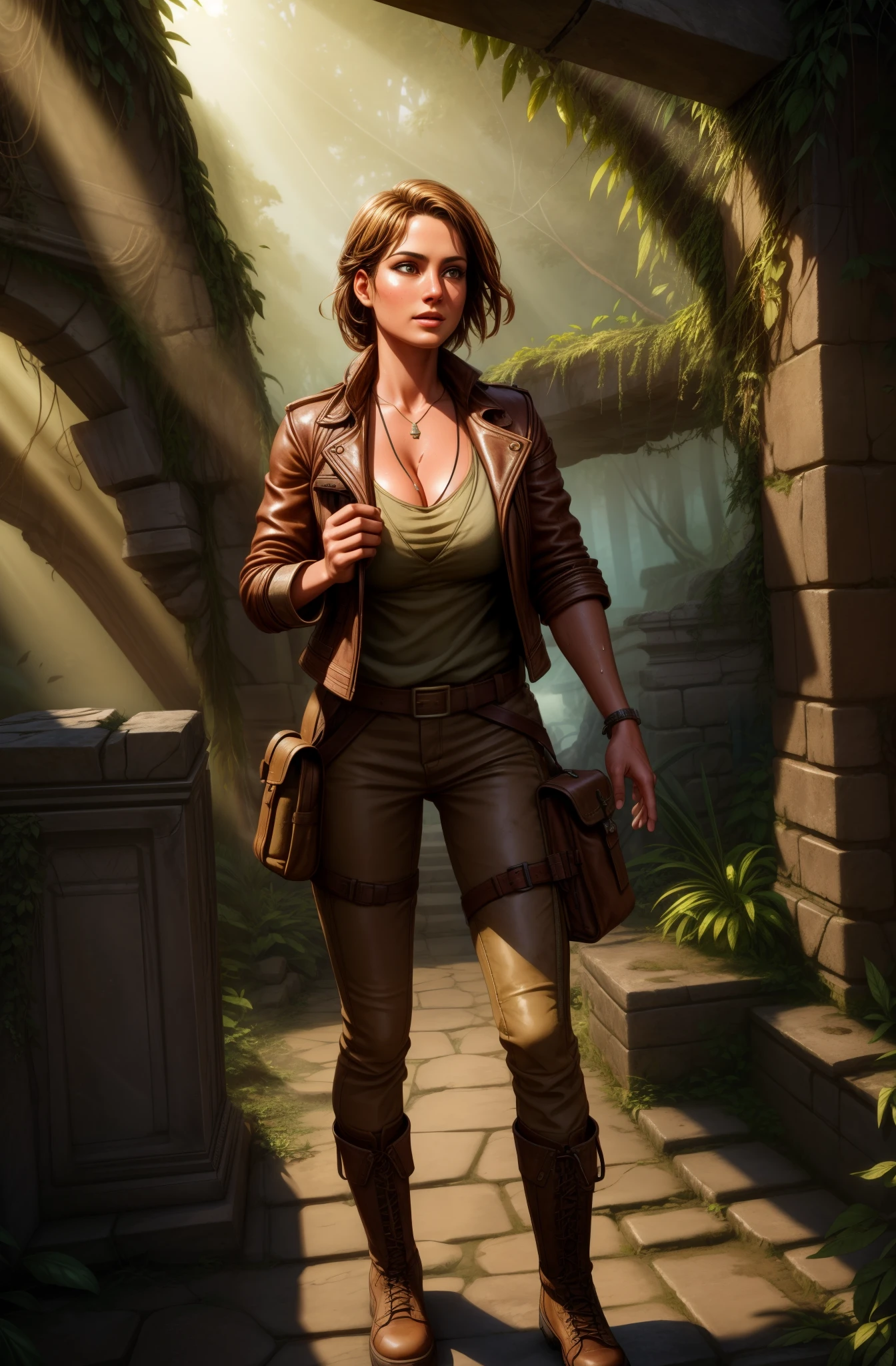 best quality,4k,8k,highres,masterpiece:1.2,ultra-detailed,realistic:1.37,female Indiana Jones, sexy, cleavage, soft lighting, dusty atmosphere, adventurous expression,  rugged leather jacket, sturdy hiking boots, antique compass, aged map, ancient artifacts, mysterious temple, hidden treasure, dangerous traps, lush jungle, ancient ruins, crawling vines, crumbling stone steps, flickering torches, suspenseful moment, golden sunlight filtering through the foliage, intense determination, sweat glistening on the forehead, confident posture, exploring an uncharted territory, awe-inspiring discovery, breathtaking view, stunning sense of adventure and danger, adrenaline rush, heart-pounding excitement, epic quest, 1925's exploration spirit