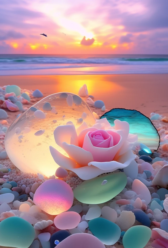 There is a rose on the beach,There are shells and sea glass, beautiful flowers and crystals, Beautiful crystals, Magical beach, floral sunset, serene colors, beatiful background, Beautiful nature, pastel sunset, beautiful sunset glow, beautiful dreamy breathtaking, glowing reflections, breathtaking colors, beautiful composition 3 - d 4 k, beautiful hd, Soft glow, serene beach setting