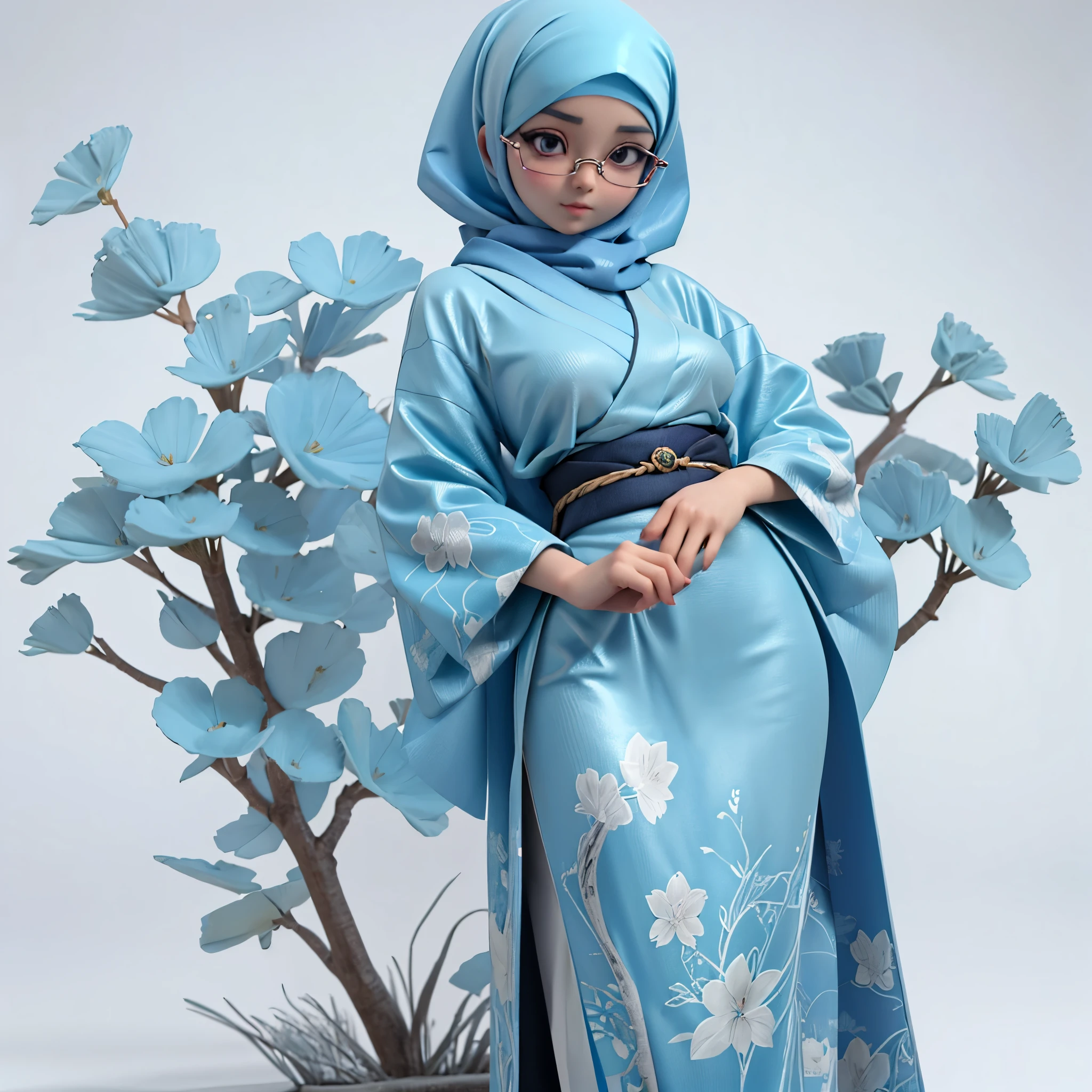 3d anime style picture, with light blue hair design, 20 year old woman, wearing glasses, short hair (((half body))), wear blue kimono, (((wear hijab))), ramadhan vibes, white background