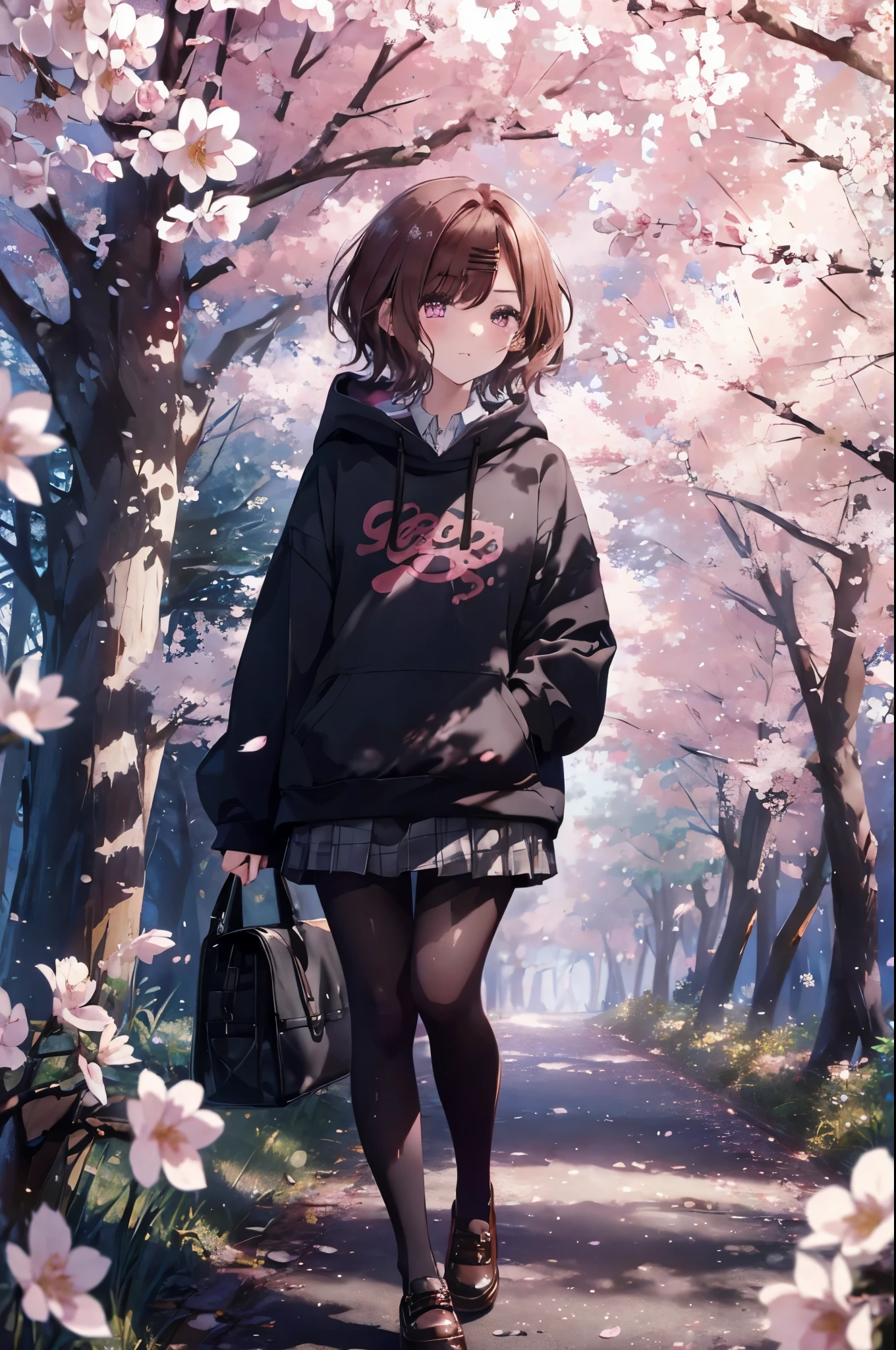 from behind, from above、A kaleidoscope of vibrant blossoms and enchanting cherry trees々surrounded by、A girl stands in a breathtaking city landscape。(Walking through the cherry blossom district:1.2),(sky scraper:0.6) ,The starry sky above is illuminated with mysterious colorful lights, Create a fantastic atmosphere, BREAK ①Quality:(1girl:1.3),(Perfect hands:1.3),(Perfect ???????:1.3), (master piece:1.3),(best quality:1.3), detailed,8k ②th:high resolution,beautiful detailed eyes, cute eyes, sparkling pupils, Intricate Iris Details, Captivating Eye Reflections, Sparkling Highlights in the Eyes, Depth and Dimension in the Pupils, Subtle Color Variations in the Iris, Meticulous Eyelash Details, detailed eyes, ③Lighting:Best Illumination, Part ④⑤: ultra-detailed face,detailed skin, ⑥Body shape:(slender body type:1.3), Seven heads, small head, ⑦Skin: ⑧Expression:(blush:1.1), Looking at Viewer, waiting for a kiss, ⑨Style: ⑩Subject:Oh Madoka, (mole under eye:0.8)、aamadoka,(mole under eye:0.8),short hair,bangs,hairclip,black sweater,hood,long sleeves,collared shirt,plaid skirt,grey skirt,(black pantyhose:1.4), thighband pantyhose,loafers,brown footwear, short hair、bangs、Hair clip ⑪Hair: shiny hair, floating hair, short hair, brown hair, mole under eye, mole, hair ornament, hairclip, BREAK ⑫Environment: ⑬Composition: ⑭Costume : piercing, (wrinkles between eyebrows:1.3)、