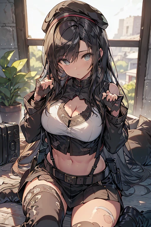 ubel,dark green hair,long hair,side ponytail,hair between eyes,bangs,  (beret, black jacket, open clothes, cleavage, midriff, (Make the subject look three-dimensional with the contrast of light and shadow),Cute and beautiful 22yo girl,(masterpiece:1.2), best quality, high resolution, unity 8k wallpaper, (illustration:0.8), (beautiful detailed eyes:1.6), extremely detailed face, perfect lighting, extremely detailed CG, (perfect hands, perfect anatomy),(brown eyes: 1.1),Brown hair,watching at viewers,black suspenders,(Bulging ,big breasts:1.1),tacticul jacet,Black miniskirt,garters,Gaze,Small face,bangss,holster,Belt Armament,Beautuful Women　srestrained,hands up,sitting Lying in bed,Leg holster ,Gaze,black boots,panty shot, extremely detailed face, perfect lighting, extremely detailed CG,