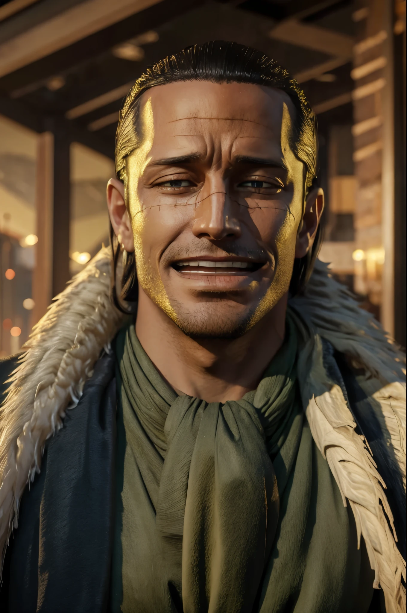 masterpiece, best quality, extremely detailed, hyperrealistic, photorealistic, a cool 40s man, ultra detailed face:1.2, fur-trimmed coat, scarf around the neck, his left hand is a golden pirate hook:1.1, ciger, casino:1.2, laughing