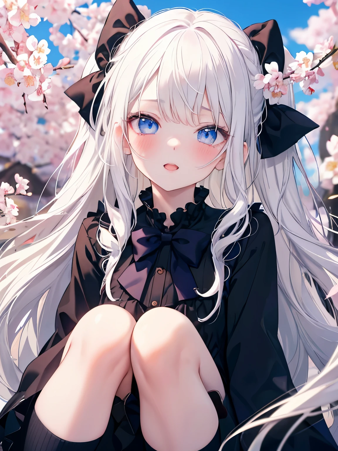 Masutepiece, Highest Quality, (Perfect face:1.1), (high detailing:1.1), (ultradetailed eyes),Dramatic,superfine illustration,Extremely detailed,1girl in,teenager,(pale skin),long white hair,Ethereal eyes,Simple eyes,empty eyes,Blue eyes,blush,Solo,Smile,Happy,Laugh,Enjoy, Open mouth,Pouty lips,Cinematic lighting,upper body,looking up,leaning forward,Long sleeve,Gothic lolita, frilld,bow ribbon,knee high socks, cherry blossoms