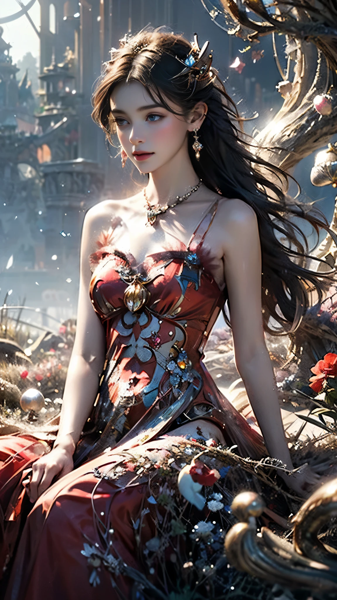 8K, ultra hd, masterpiece, 1 girl, (good face:1.4), detailed eyes, very long hair, impressive hairstyle, earings, necklace, small breasts, (red dress:1.5), see-through, (fantasy dress:1.5) Light-colored foundation brings out the transparency of the skin, (in the wonderland:1.5), mystery, diwali lights, glowing lights, very decoration, The lights falls like water, perfect body, sitting,