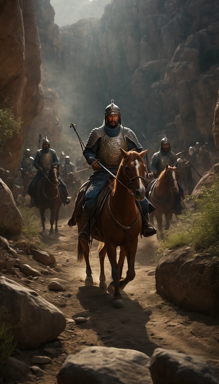 On one side, the Mamluk forces, clad in armor and wielding swords and spears, are strategically positioned among the rocks and bushes. On the other side, the Mongol army, mounted on horseback and armed with bows and arrows, advances menacingly, background dark, hyper realistic, ultra detailed hyper realistic, photorealistic, Studio Lighting, reflections, dynamic pose, Cinematic, Color Grading, Photography, Shot on 50mm lens, Ultra-Wide Angle, Depth of Field, hyper-detailed, beautifully color, 8k