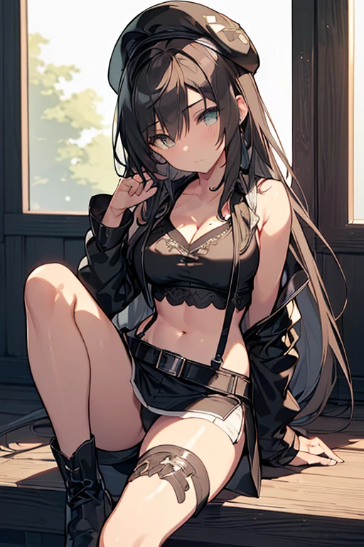 ubel,dark green hair,long hair,side ponytail,hair between eyes,bangs, (beret, black jacket, open clothes, cleavage, midriff, (Make the subject look three-dimensional with the contrast of light and shadow),Cute and beautiful 22yo girl,(masterpiece:1.2), best quality, high resolution, unity 8k wallpaper, (illustration:0.8), (beautiful detailed eyes:1.6), extremely detailed face, perfect lighting, extremely detailed CG, (perfect hands, perfect anatomy),(brown eyes: 1.1),Brown hair,watching at viewers,black suspenders,(Bulging ,big breasts:1.1),tacticul jacet,Black miniskirt,garters,Gaze,Small face,bangss,holster,Belt Armament,Beautuful Women srestrained,hands up,sitting Lying in bed,Leg holster ,Gaze,black boots,panty shot, extremely detailed face, perfect lighting, extremely detailed CG,