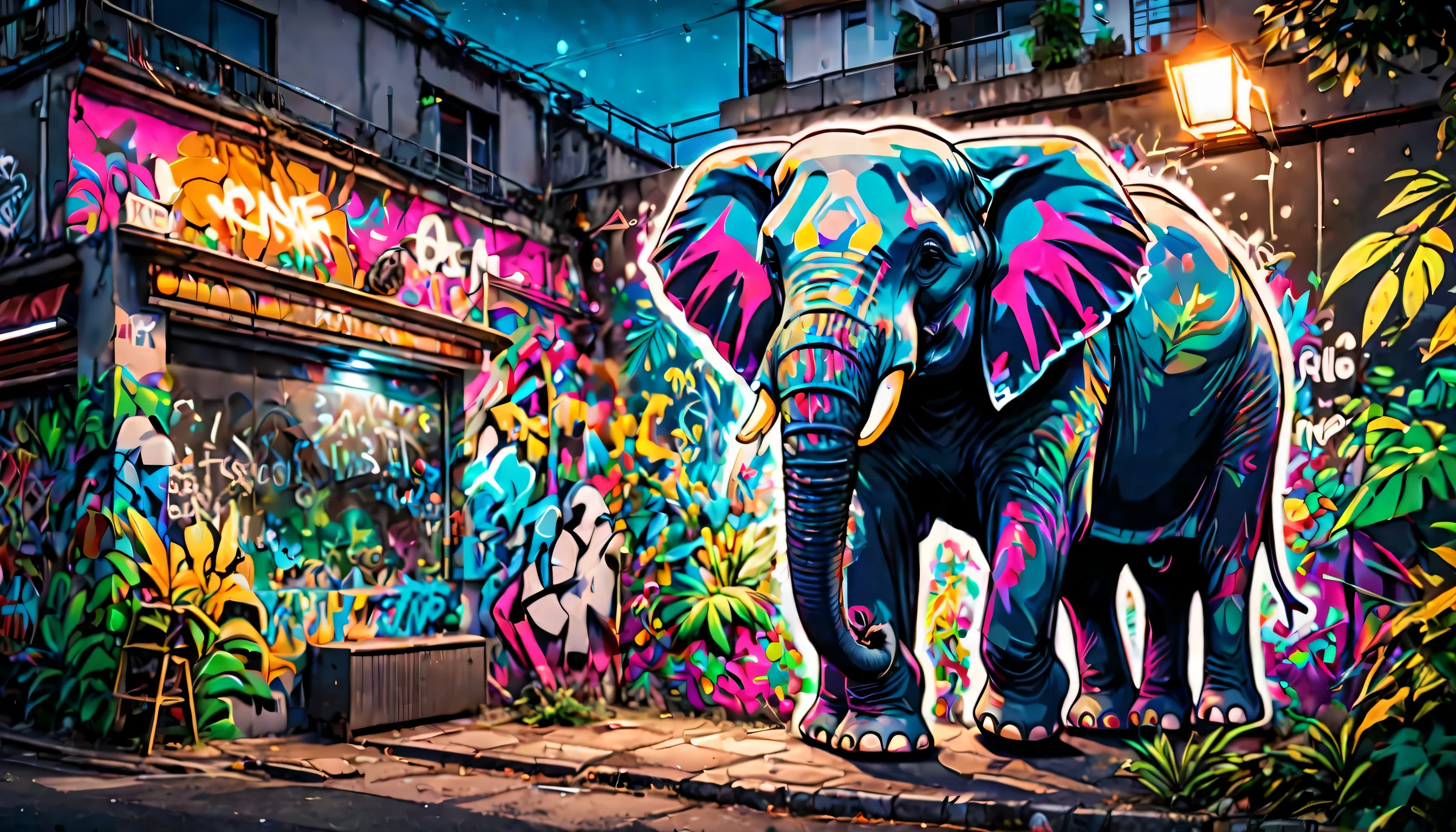 Style graffiti style anime, adventurous elephant, Jungle dense, tenant un clavier de jeu LED. art de rue, vibrant, urbain, detailed, Label, mural, photographie de haute qualité, 3-point lighting, flash avec softbox, 4k, Canon EOS R3, hdr, lisse, sharpness, high resolution, award-winning photo, 80mm, f2.8, Bokeh