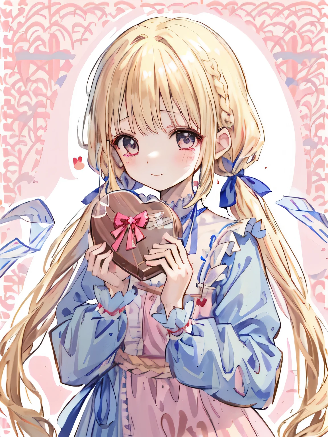 girl、((blonde:1.3))、(((low twintails:1.2)))、((break))、(beautiful eyes)、((A big blue ribbon in her hair:1.35))、(Voluminous long-sleeved dress with lace)、(A bashful yet triumphant look)、((break))、(((Valentine)))、((holding a large wrapped chocolate:1.15))、Chocolate present、((break))、((Heart line pattern background:1.35))、close up of face、smile