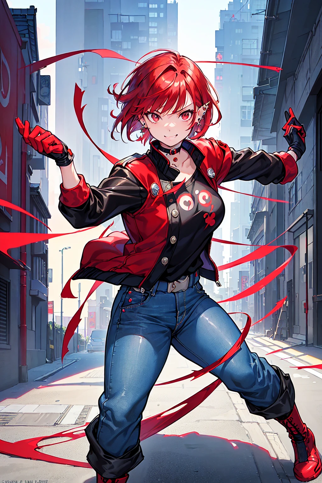 a Sukeban girl in the art style of persona5 and in the art style of street of rage 4, delinquent, (Sukeban), mature female, blush, mature, older woman, 26 years old, Sukeban teacher outfit, ((((1girl, solo female, solo, solo focus:1,9)))++++, choker, Sukeban teacher, Sukeban fighter, long sleeves, open jacket, blue jacket,( jeans)+++, light skin tone female, (full body)+++++, jacket, biker jacket, tape, arm support, gloves, red gloves, bridal gauntlets, nail polish, boots, black footwear, fighter outfit, (full body)+++++++, hourglass, mature face, cheeky smile, cheeky face, wrinkles, (((((red hair, short hair, earrings, ear piercings)))), red eye, fighting art, Martial arts, standing, fighting stance, fight, fighting), extra colors, 2D, megapixel, perfectionism, accent lighting, full HD , (Masterpiece:1.2), (full-body-shot:1),(cowboy shot:1.2), (Highly detailed:1.2),(anime Detailed Face:1.2), Colorful, A detailed eye, (Detailed landscape:1.2), (natural lighting:1.2), ((Sukeban school teacher)) by Vincent Di Fate: Aidyllery, Anamorphic Shot, rule of thirds, face by Artgerm and WLOP, ((street of rage 4 city backround)), fictive city backround in the style art of street of rage 4, gainax anime style, studio gainax art, studio gainax illustration, inspired by Masamune Shirow, studio gainax, by Masamune Shirow, beautiful charcter from evangelion, street of rage 4 art, street of rage 4 illustration,
