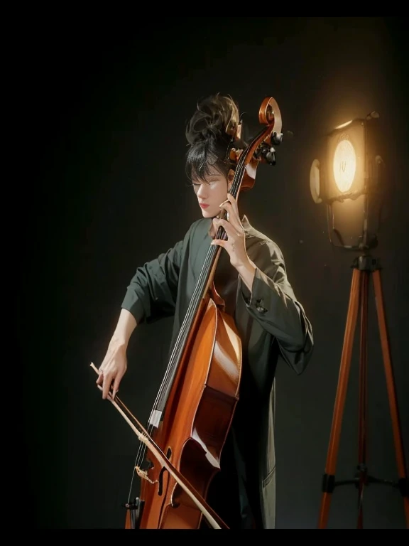 Young man playing Cello in front of a spotlight light, Realism, 8K full body portrait, masterpiece. (Cello detailed details.Headstock.String plug)A young 28 year old man.A little messy short hair(artist.musician),Wearing wool sweaters and jackets. 坐在室內拉Cello(Cello)(靈感來自中國musician馬友友). charming expression, Fine facial details,Detailed finger positions and details.young man playing Cello. Cello, artist, superb composition!!!,
