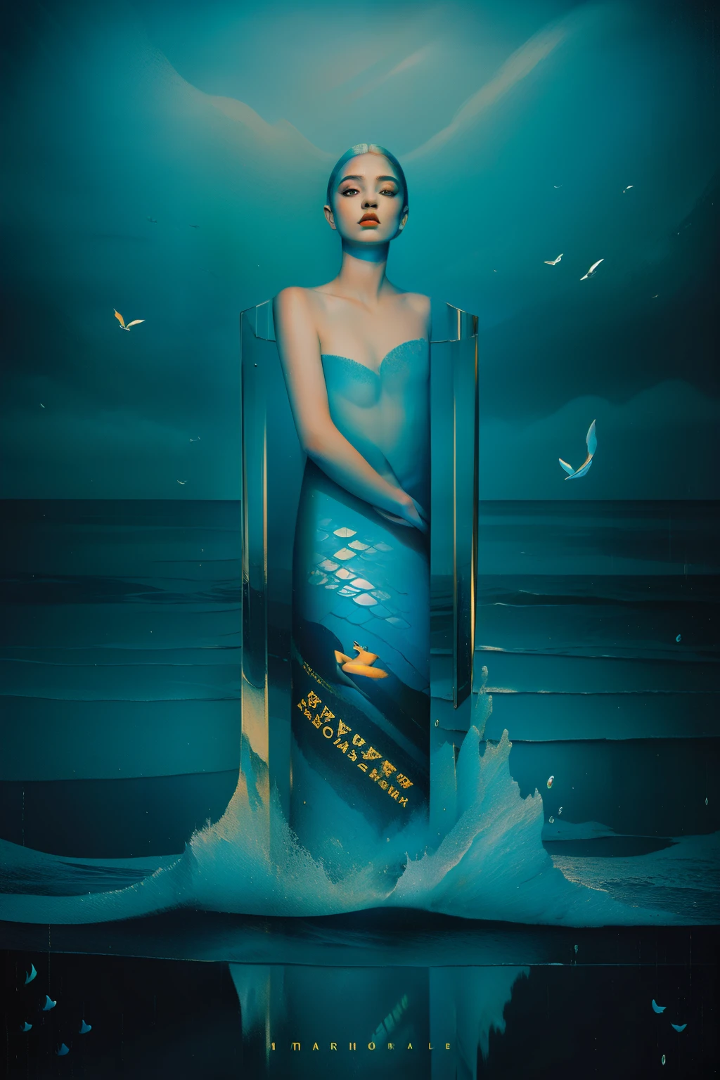 best quality,4k,8k,highres,masterpiece:1.2,ultra-detailed,photorealistic,advertising poster,mermaid,storm,monochromatic,harrowing,contrasting colors,dynamic lighting,water reflections,striking composition,dramatic atmosphere,mysterious concept