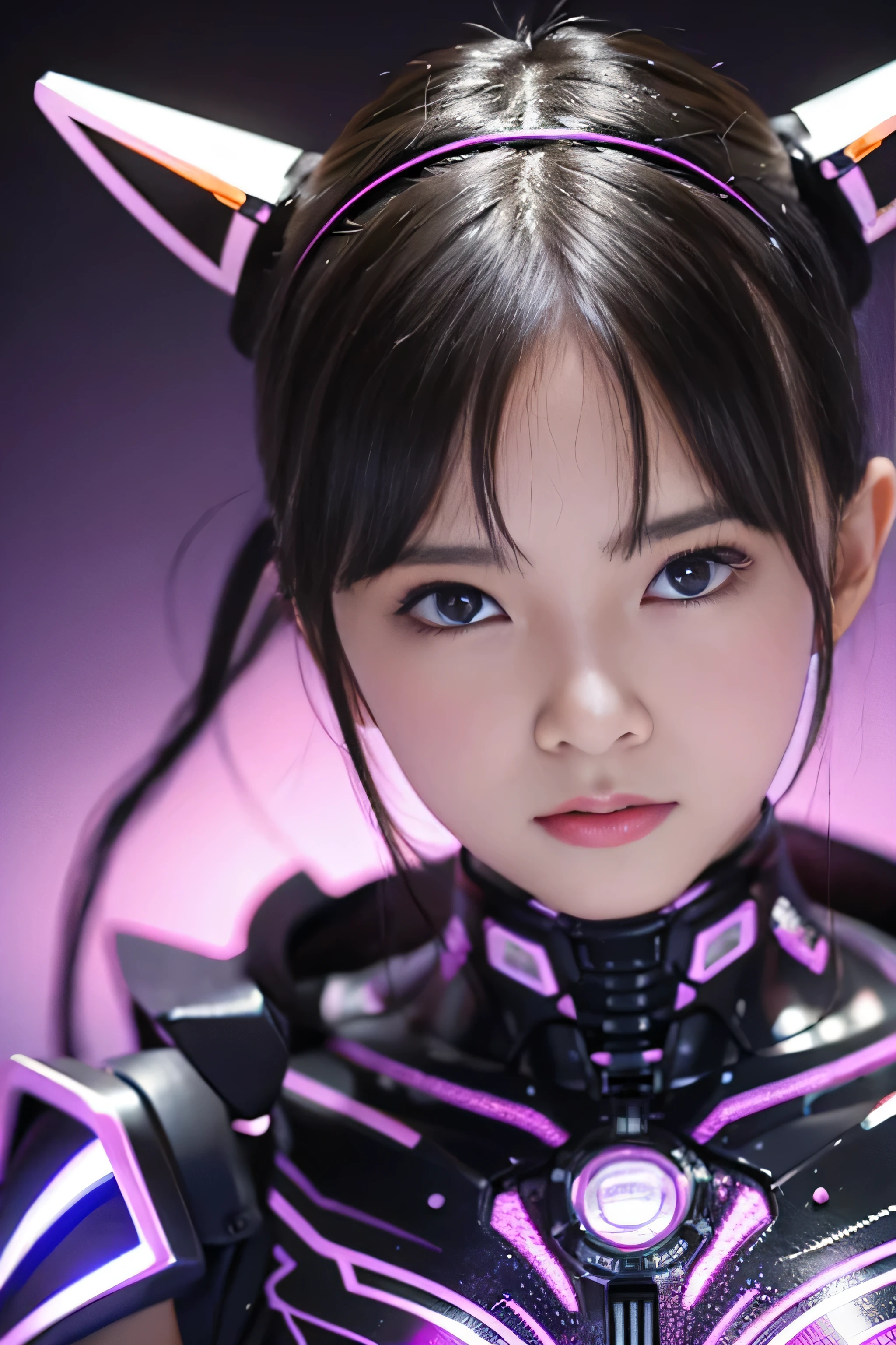 highest quality, masterpiece, ultra high resolution, (realistic: 1.4), Raw photo, 1 girl, Japanese, 14 years old, black hair, Glossy skin, 1 Mechanical Girl, (Super realistic details)), portrait, global illumination, Shadow, octane rendering, 8K, super sharp, big, Revealing raw muscle, Metal, intricate decorative details, transparent micro bikini, very intricate details, realistic light, CG Society Trend, purple eyes, shining eyes, towards the camera, neon details, mechanical limbs, blood vessels connected to tubes, mechanical vertebrae attached to the back, Mechanical cervical attachment to the neck, sitting, Wires and cables connecting to the head, Evangelion, small led lamp,