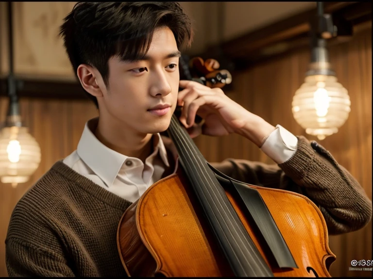 Young man playing Cello in front of a spotlight light, Realism, 8K full body portrait, masterpiece. (Cello detailed details.Headstock.String plug)A young 28 year old man.A little messy short hair(artist.musician),Wearing wool sweaters and jackets. 坐在室內拉Cello(Cello)(靈感來自中國musician馬友友). charming expression, Fine facial details,Detailed finger positions and details.young man playing Cello. Cello, artist, superb composition!!!,