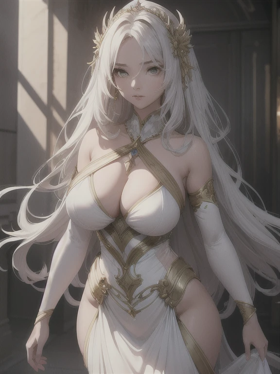 "masterpiece, top-quality, the Extremely Detailed CG Unity 8K Wallpapers, Ultra-realistic 8kCG, erfect artwork, The perfect female figure, Dramatic shadows, she is a beautiful woman, with sharp and elegant features reminiscent of a goddess. Her hair is long and flowing, and holds a radiant glow to it. Her dress is simple but elegant, made of soft and flowing fabric that hugs her figure. The overall effect is one of elegance and grace, yet she also gives off an air of authority and strength."