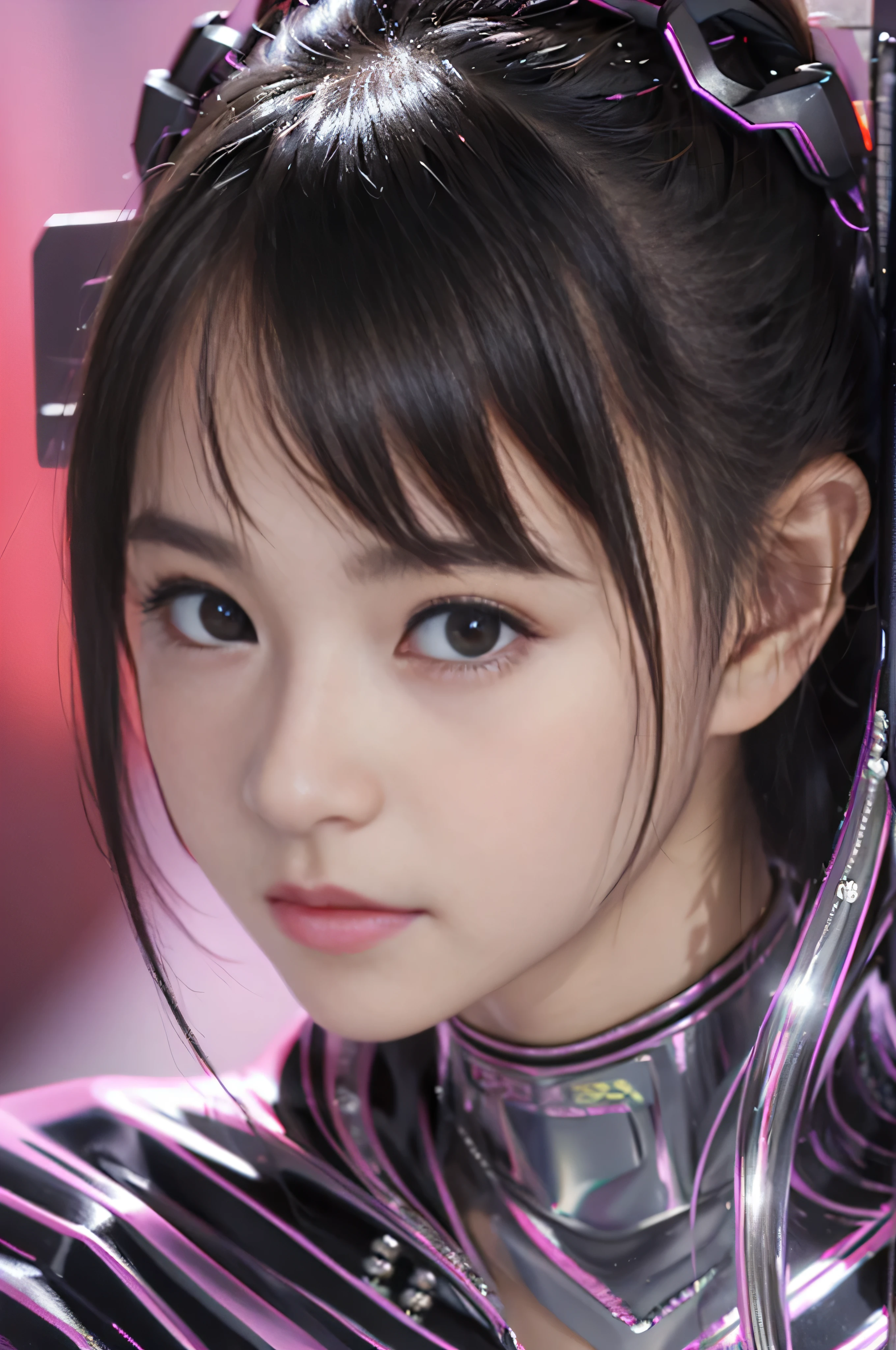 highest quality, masterpiece, ultra high resolution, (realistic: 1.4), Raw photo, 1 girl, Japanese, 14 years old, black hair, Glossy skin, 1 Mechanical Girl, (Super realistic details)), portrait, global illumination, Shadow, octane rendering, 8K, super sharp, big, Revealing raw muscle, Metal, intricate decorative details, transparent micro bikini, very intricate details, realistic light, CG Society Trend, purple eyes, shining eyes, towards the camera, neon details, mechanical limbs, blood vessels connected to tubes, mechanical vertebrae attached to the back, Mechanical cervical attachment to the neck, sitting, Wires and cables connecting to the head, Evangelion, small led lamp,