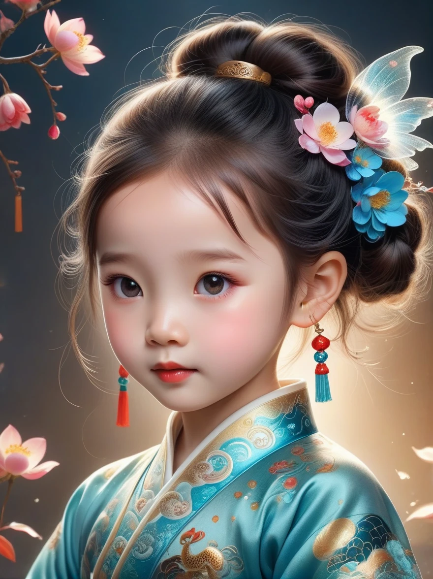 Works of Chinese style masters,shining,dream色彩,art,Ethereal,dream,((美轮美奂的5 years old精灵小女孩)),((())),((solo)),cute,kawaii,Detailed facial features of a child,glowing eyes,Ethereal光辉,wonderland,(Little),((Bun hair bun)),composition,Dazzling colors,Stunning visual effects,otherworldly appearance,Fascinating artistry,(anatomically correct, 8k),((Super high saturation:1.8))