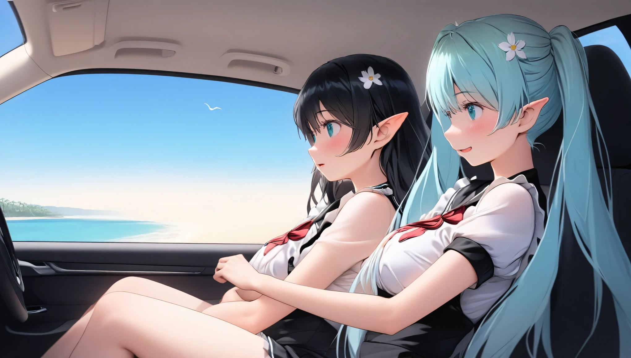 (masterpiece, best quality), 1 elven girl, ( bear breasts, thigh), (light blue hair, twin tails ,very long hair is fluttering in the wind), hair between eyes, multi colored hair,hair flower ornament ,(blush, smile, aqua eyes), open mouth, maid uniform,
(undone clothing), (Open the front of the maid uniform chest very wide), large breasts, pointed ears, ((look from the side ,profile)), (Cruising the highway in a car ) , (color of the car is white), ( the car has 2 seats), (seating in the left seat in the car), Palm trees line the shoreline