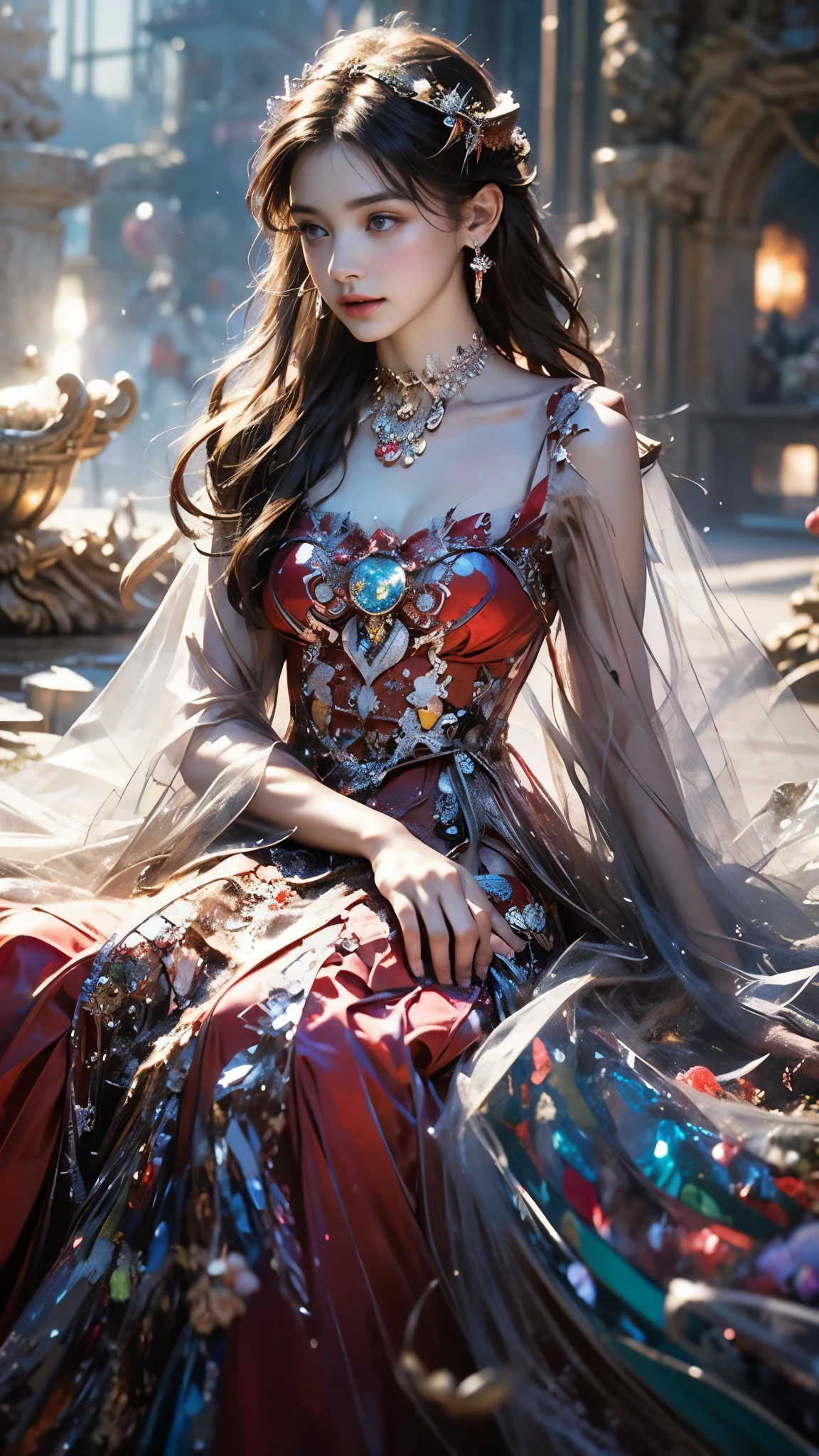 8K, ultra hd, masterpiece, 1 girl, (good face:1.4), detailed eyes, very long hair, impressive hairstyle, earings, necklace, small breasts, (red dress:1.5), see-through, (fantasy dress:1.5) Light-colored foundation brings out the transparency of the skin, (in the wonderland:1.5), mystery, diwali lights, glowing lights, very decoration, The lights falls like water, perfect front body, sitting,