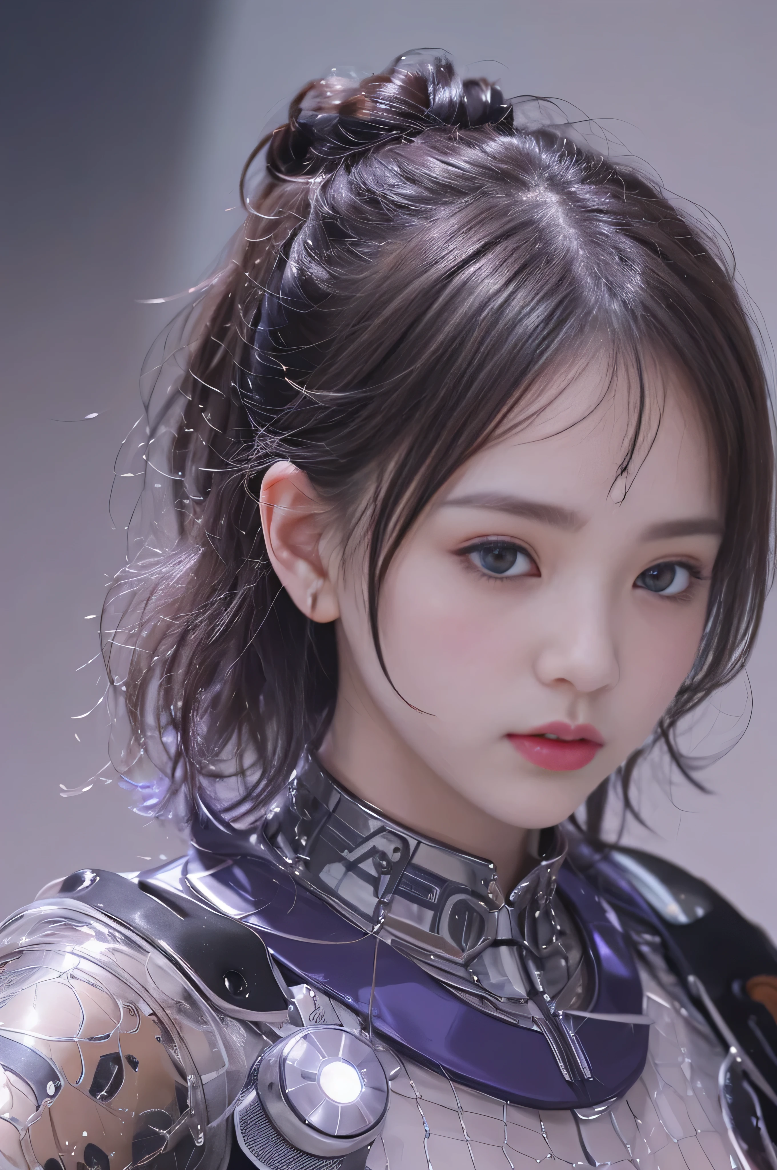 highest quality、masterpiece、超A high resolution、(Photoreal:1.4)、Raw photo、1 girl、Japanese、13 years、black hair、glowing skin、1 Mechanical Girl、((Ultra realistic details))、Portrait、global illumination、Shadow、octane rendering、8K、super sharp、Huge 、(Bust exposes raw skin:1.2)、(hard erect nipples:1.4)、(Shiny thin transparent latex coated bust:1.4)、Metal、intricate decorative details、Japan details、very intricate details、realistic light、CG Society Trends、purple eyes、shining eyes、towards the camera、neon detailechanical limbechanical vertebrae attached to the back of the blood vessels connected to the tubes、cervical vertebrae mechanically attached to the neck、sit on top、Wires and cables connecting to the head、gundam、small led lamp、purple dim lighting,