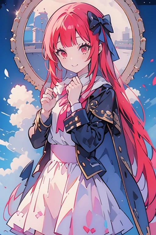 ((masterpiece,best quality)),8k wallpaper,1 girl, long hair, Red hair, alone, skirt, Red eyes, looking at the audience, long sleeve, permanent, architecture, white skirt, Gloves, hair accessories, black jacket, Smile, flowing hair, Dutch Cape, Keep your mouth shut, look away, outdoor