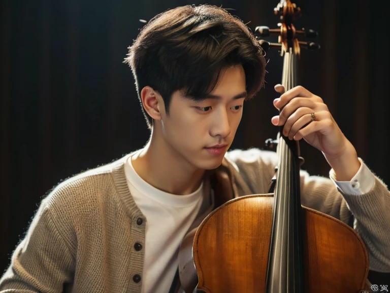 Young man playing Cello in front of a spotlight light, Realism, 8K full body portrait, masterpiece. (Cello detailed details.Headstock.String plug)A young 28 year old man.A little messy short hair(artist.musician),Wearing wool sweaters and jackets. 坐在室內拉Cello(Cello)(靈感來自中國musician馬友友). charming expression, Fine facial details,Detailed finger positions and details.young man playing Cello. Cello, artist, superb composition!!!,