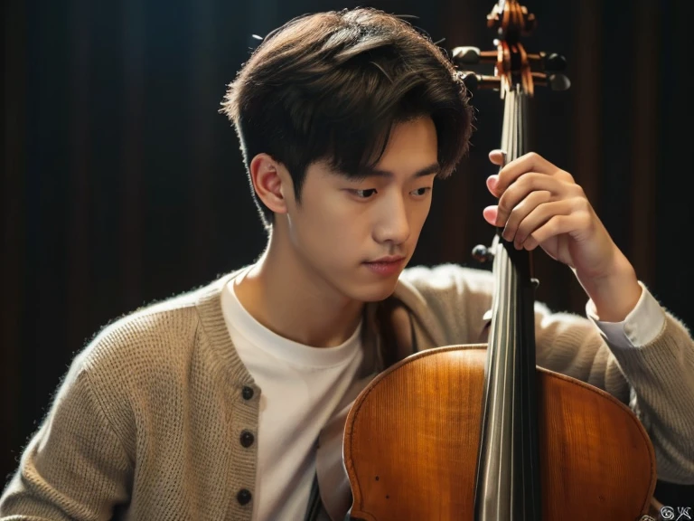 Young man playing Cello in front of a spotlight light, Realism, 8K full body portrait, masterpiece. (Cello detailed details.Headstock.String plug)A young 28 year old man.A little messy short hair(artist.musician),Wearing wool sweaters and jackets. 坐在室內拉Cello(Cello)(靈感來自中國musician馬友友). charming expression, Fine facial details,Detailed finger positions and details.young man playing Cello. Cello, artist, superb composition!!!,