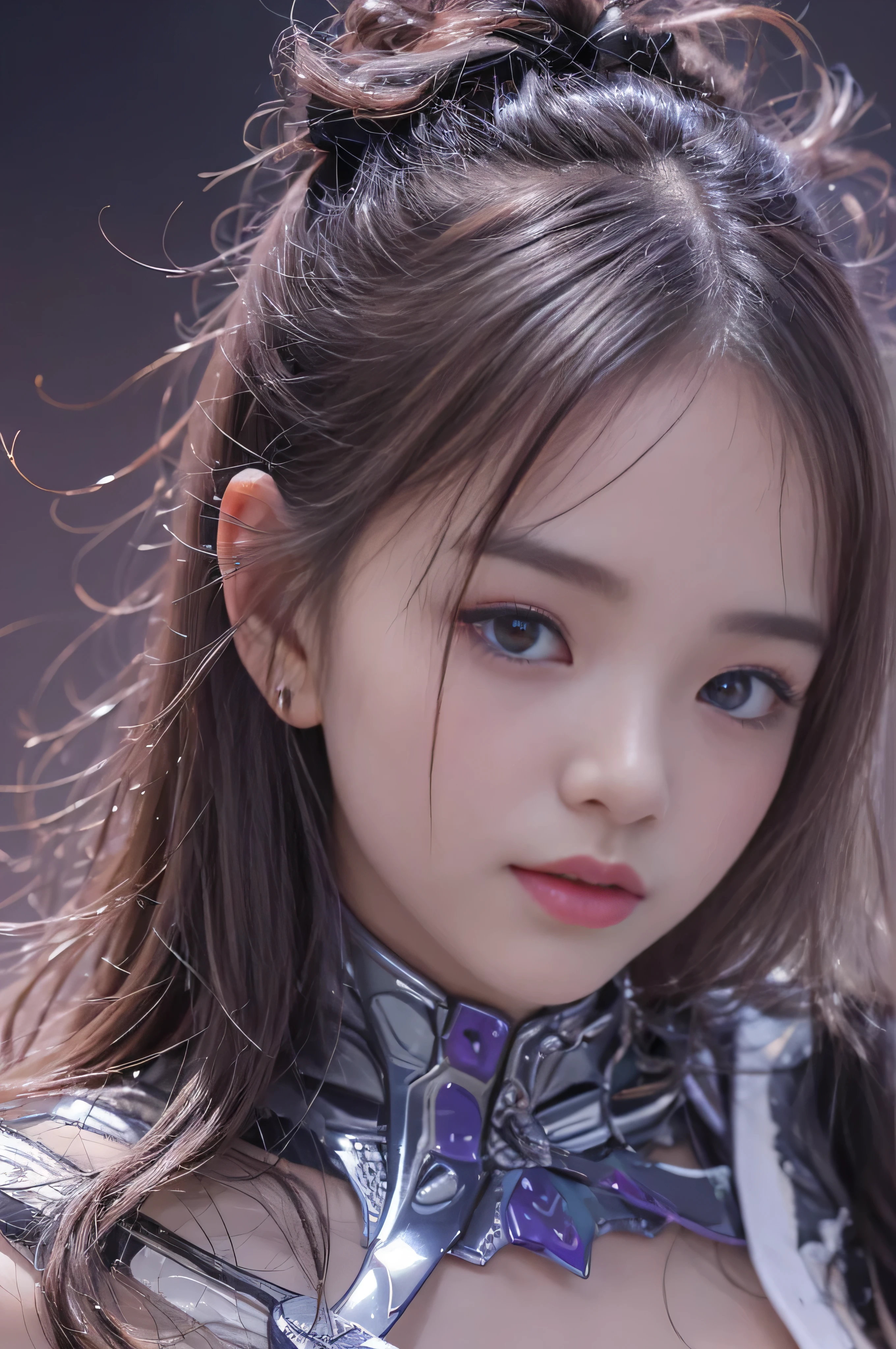 highest quality、masterpiece、超A high resolution、(Photoreal:1.4)、Raw photo、1 girl、Japanese、13 years、black hair、glowing skin、1 Mechanical Girl、((Ultra realistic details))、Portrait、global illumination、Shadow、octane rendering、8K、super sharp、Huge 、(Bust exposes raw skin:1.2)、(hard erect nipples:1.4)、(Shiny thin transparent latex coated bust:1.4)、Metal、intricate decorative details、Japan details、very intricate details、realistic light、CG Society Trends、purple eyes、shining eyes、towards the camera、neon detailechanical limbechanical vertebrae attached to the back of the blood vessels connected to the tubes、cervical vertebrae mechanically attached to the neck、sit on top、Wires and cables connecting to the head、gundam、small led lamp、purple dim lighting,