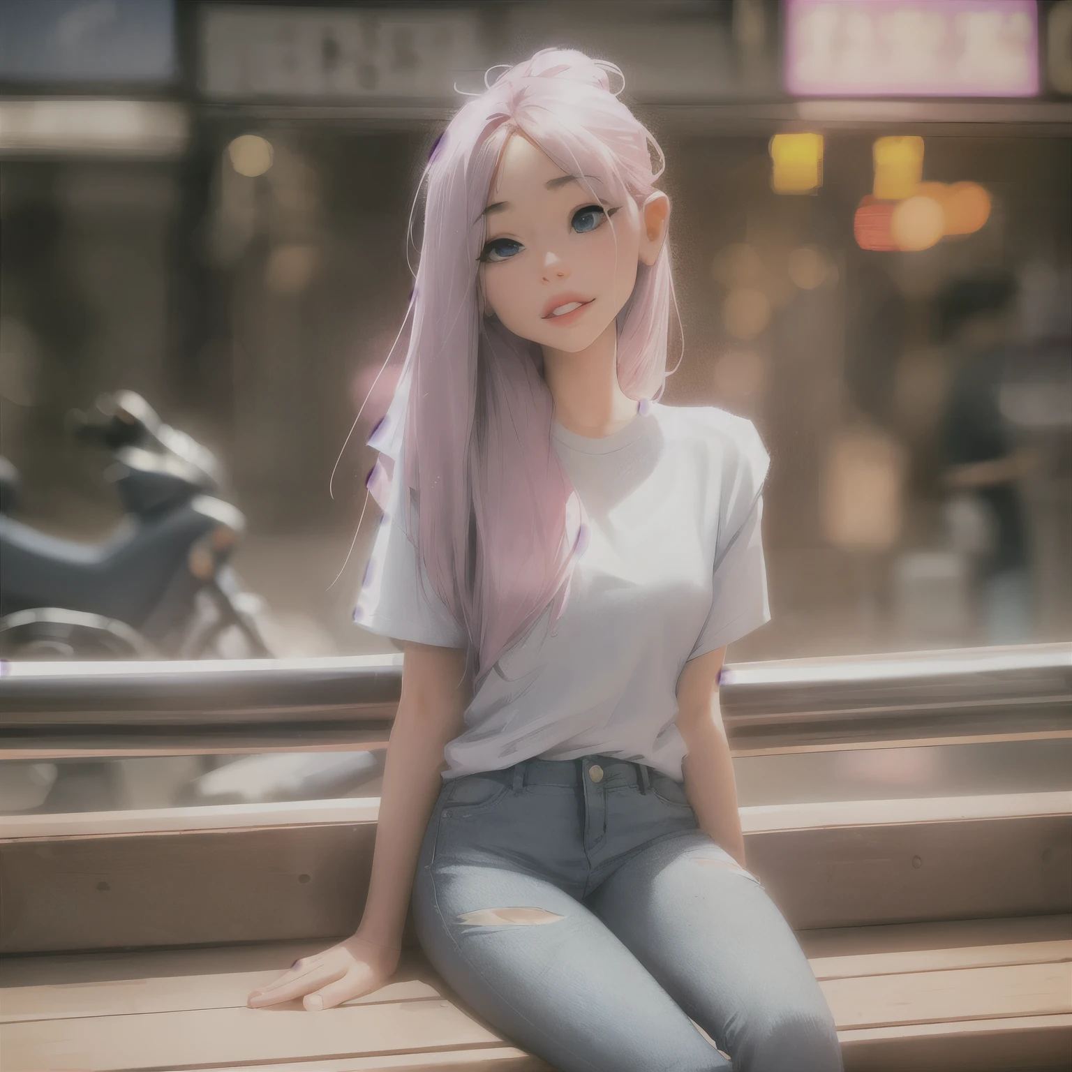 sam yang, 1girl, khaosan road, blue eyes, light pink hair, blurry, blurry background, lips, long-tailed tit, , long hair, t-shirt, solo, sitting on suitcase, background Bangkok khaosanroad, long jeans, coffee, short sleeves, baggy jeans ((masterpiece))