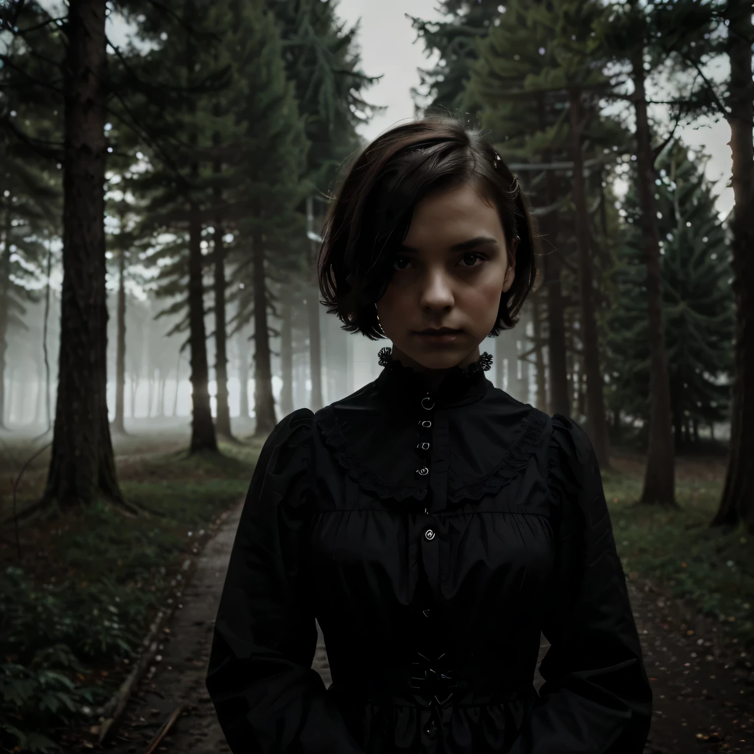Occult signs in the sky. Dark, Gothic, Vintage a beautiful young girl, short strict hair, , brunette, in a strict Victorian dress, with sad eyes. Bondage on eyes, in the dark forest, wind. Dark, Gothic, Vintage