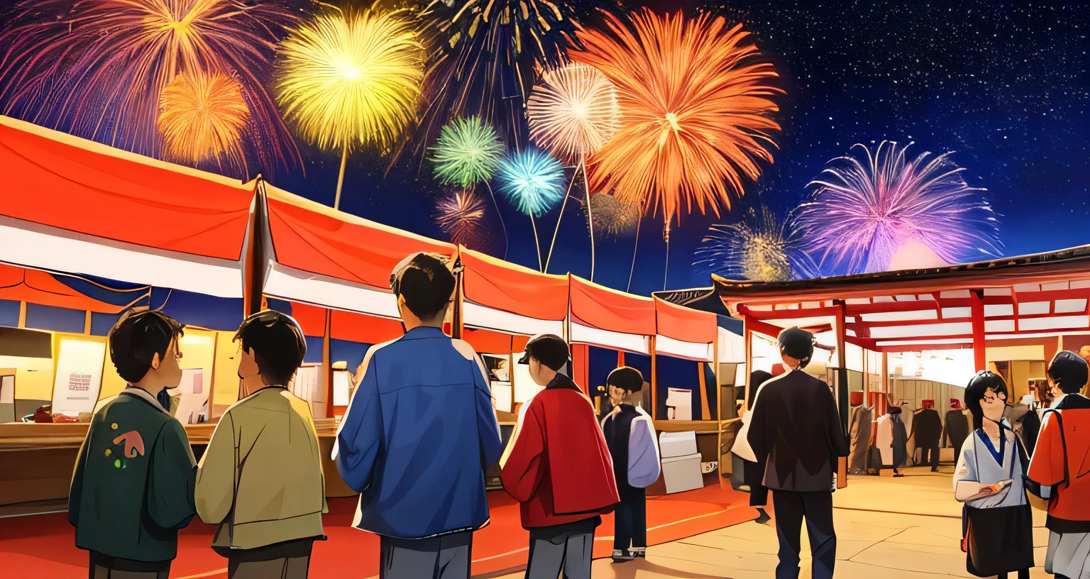 jpn、Festivals d'summer、Feux d'artifice qui fleurissent dans la campagne、des familles、2 anaman de 5 ans、Regardant le ciel