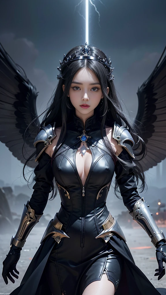 Woman in black outfit, view the viewer, Purple wings, Slim waist, Long hair, Ultra-detailed details, High-end Zhenyi station, Rainstorm site, detailed fantasy art, Stunning character art, Beautiful and exquisite character art, Beautiful black armor, Extremely detailed, Girl in shiny armor, Exquisite tiaras and jewelry, Crystal jewelry filigree, milky ways, Stunning visuals, (dynamic streaks, light tracks:1.2), Vibrant colors, attractive pose,
