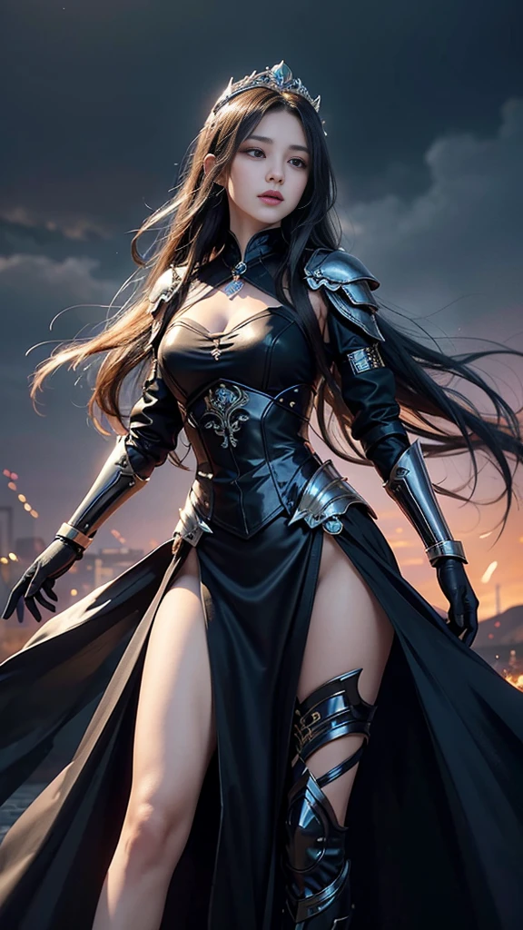 1girl, perfect detailed eyes, beautiful detailed lips, extremely detailed face, long eyelashes, wall background, high resolution, black paladin armor with intricate design, looking directly at camera, best quality, ultra realistic, (ultra-detailed:1.2), (physically-based rendering:1.2), (masterpiece:1.2), (vivid colors:1.2), big breast, white long hair, full body pose, holding a sword, fully ditailed fingers