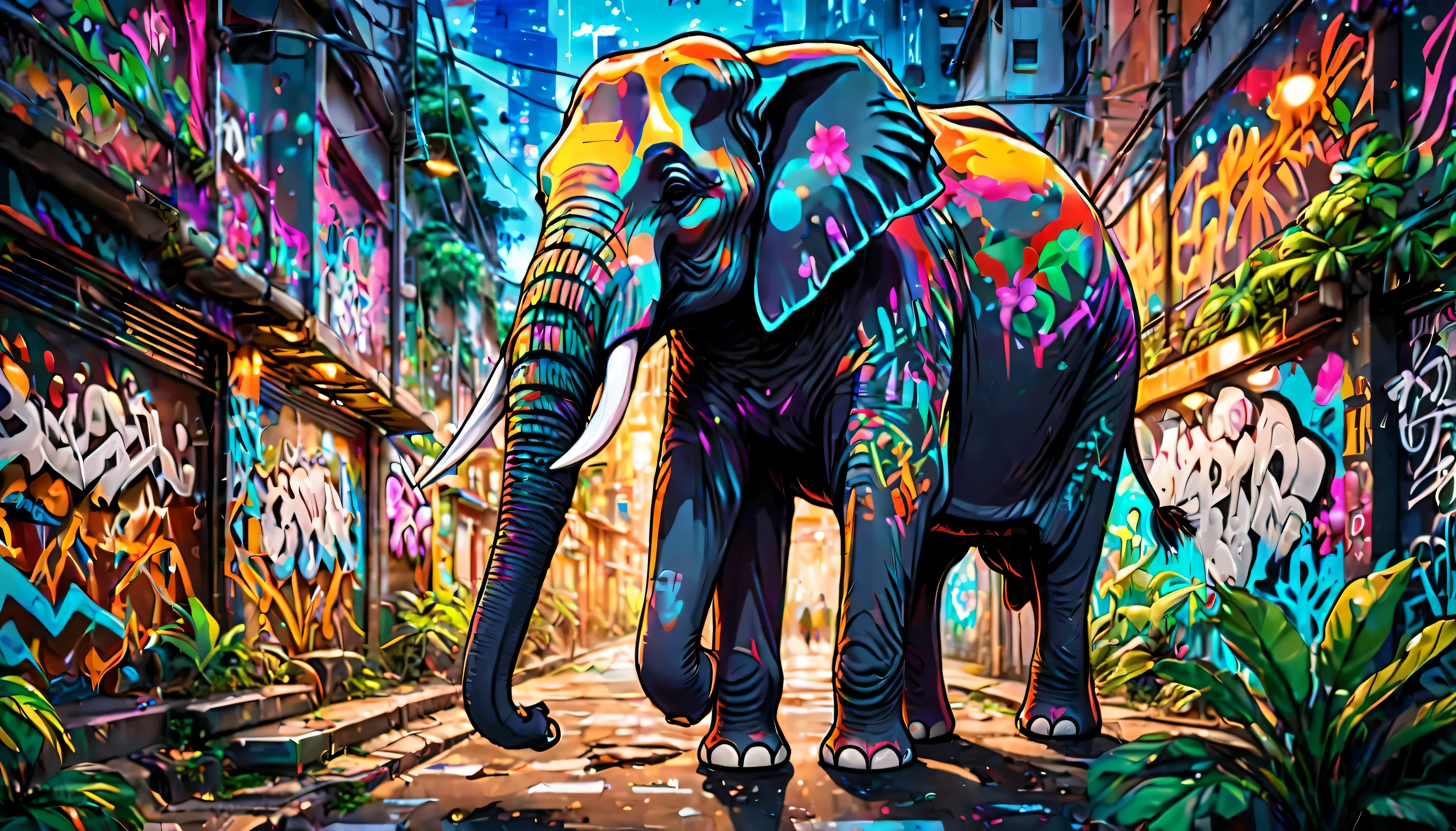 Style graffiti style anime, adventurous elephant, Jungle dense, tenant un clavier de jeu LED. art de rue, vibrant, urbain, detailed, Label, mural, photographie de haute qualité, 3-point lighting, flash avec softbox, 4k, Canon EOS R3, hdr, lisse, sharpness, high resolution, award-winning photo, 80mm, f2.8, Bokeh