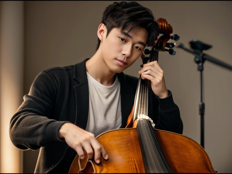 Young man playing Cello in front of a spotlight light, Realism, 8K full body portrait, masterpiece. (Cello detailed details.Headstock.String plug)A young 28 year old man.A little messy short hair(artist.musician),Wearing wool sweaters and jackets. 坐在室內拉Cello(Cello)(靈感來自中國musician馬友友). charming expression, Fine facial details,Detailed finger positions and details.young man playing Cello. Cello, artist, superb composition!!!,