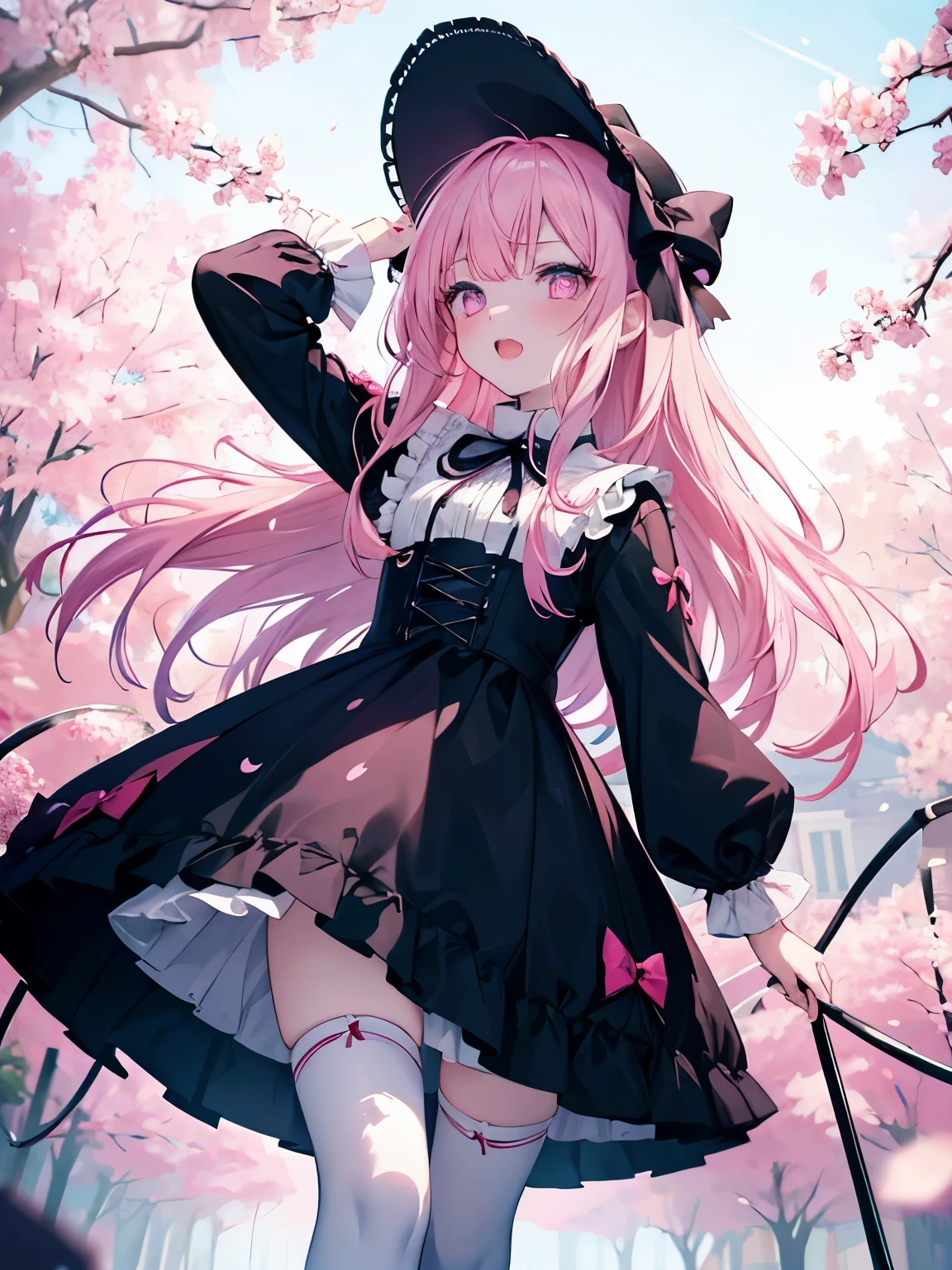 masutepiece, Highest Quality, (Perfect face:1.1), (high detailing:1.1), (ultradetailed eyes), Dramatic, superfine illustration, Extremely detailed,1girl in, teenager,(pale skin), Happy, Laugh, Enjoy,Open mouth,gloweyes,pinkhair,(halfup),Ethereal eyes,Simple eyes,empty eyes,pink eye,blush, Solo,Pouty lips,Cinematic lighting, upper body,looking up,Long sleeve,Gothic lolita, frilld, bow ribbon,knee high socks,cherry blossoms