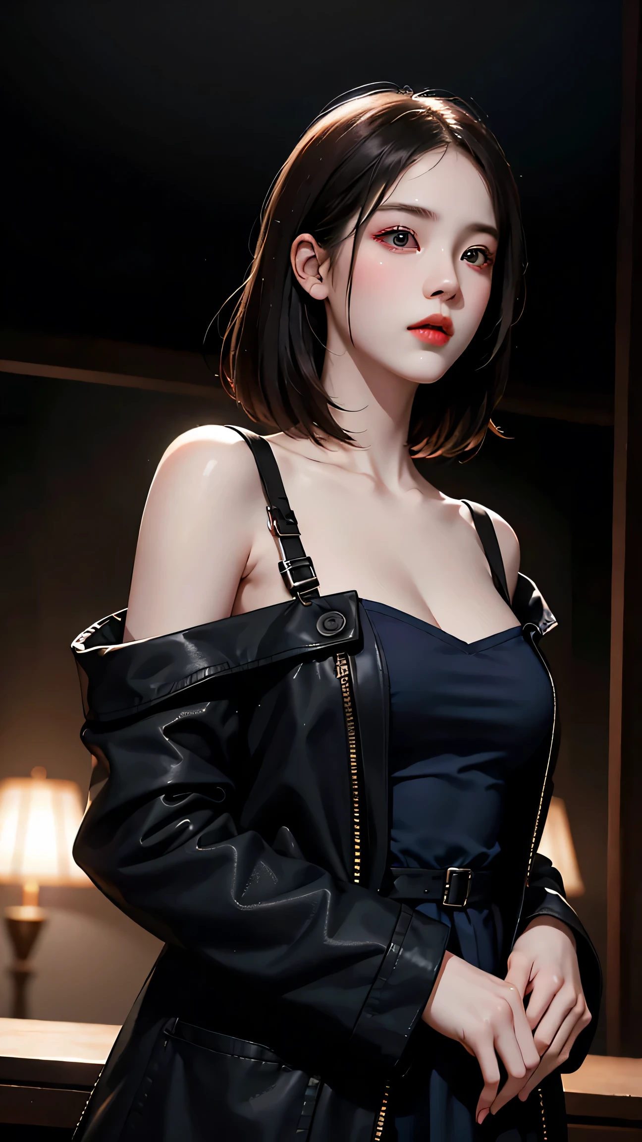 cinematic lighting、(Soft light illumination、key light:Front diagonal 45 degrees, fill light、Backlight、Shadow、blue and orange color palette light), accurate human body、knowledgeable person、Correct five-finger、
(((oil skin,glowing skin、realistic skin texture、Fine and beautiful skin、shiny skin、shiny skin)))、mature woman, Beautiful woman、big breasts、(full shot, long hair), (red makeup、pink glossy lipstick)、long shot, Beautiful depiction、knowledgeable person、detailed background、quality people、high quality face、Ultra-high-definition animation、(beautiful black hair:1.8)、earrings、clavicle、, detailed background、 long eyelashes, (big breasts:1.1, seductive thighs), beautiful breasts, beautiful thighs, 細くbeautiful feet, (), (beautiful scenery), written boundary depth, night, (wink, cute smile, open your mouth), (short hair:1.5, pixie cut:1.4), beautiful body, beautiful breasts, beautiful thighs, beautiful feet, beautiful fingers, ((Black Business Jacket, Clothes nearby, white collared shirt, black tight skirt)), (beautiful scenery), evening, (Interrogation room、Police Department), Are standing, (cute smile, upper grade)