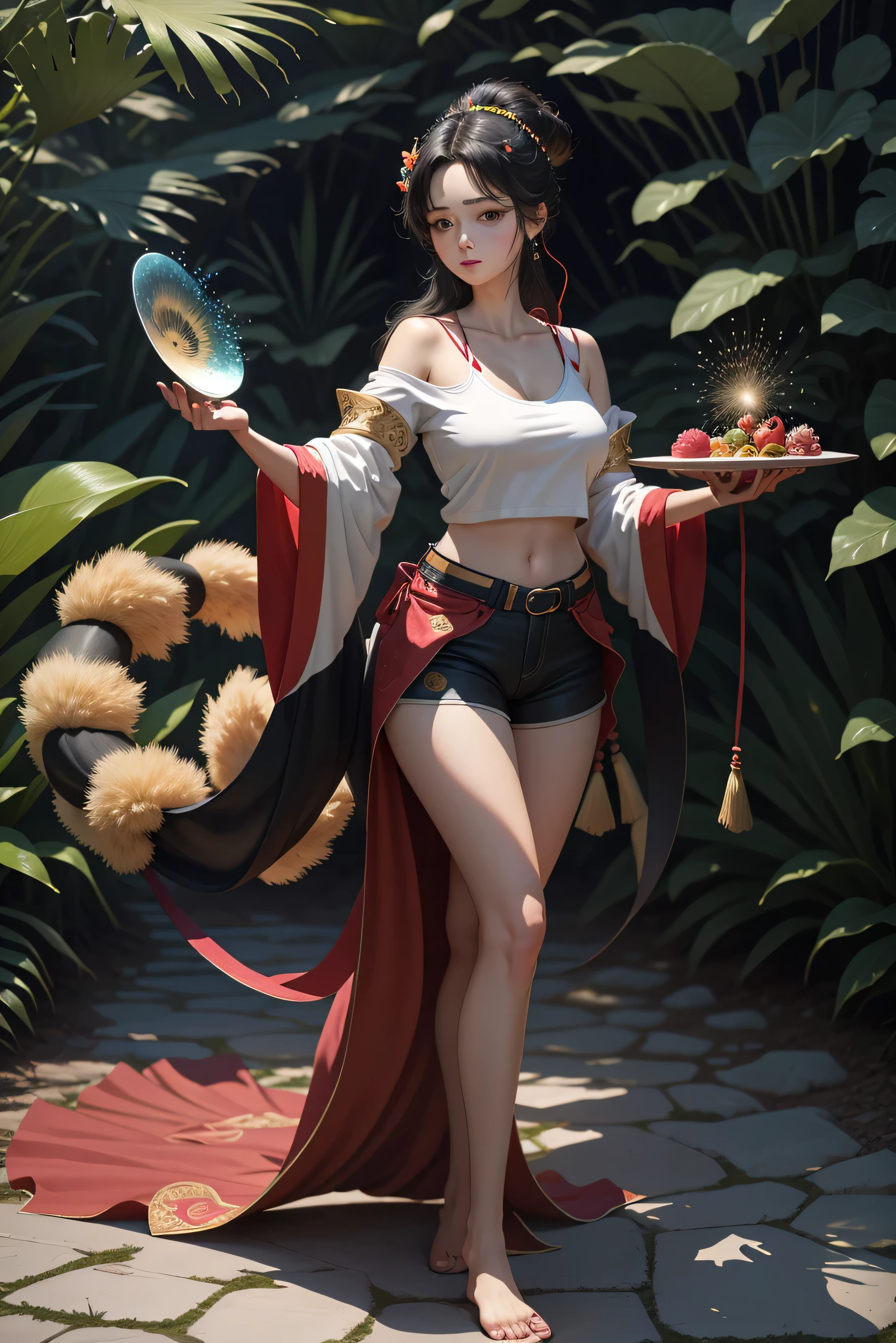 Girl in the jungle，(Raised sexy，Wear black shorts and a white t-shirt), Cute face, （Red），Detailed facial portrayal，（Photo of Steve Hanks），aquarelle，Splash ink，（Masterpiece），（Best picture quality），（light and shadow effect），（Ray traching），（8k wallpaper），Full body appearance，Ultra-clear，Ultra photo realsisim，Photography Award，photorealestic
