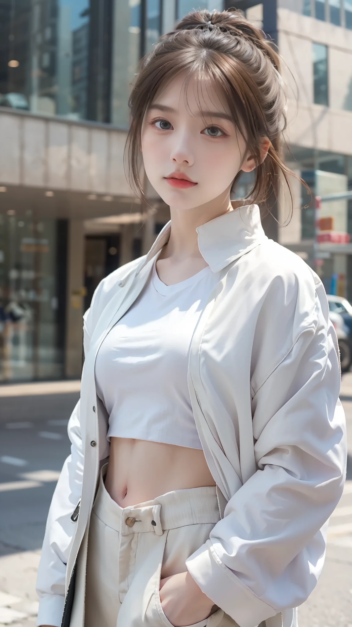 (masterpiece), (highest quality), (highest quality), (most detailed), (Super detailed), ((very delicate and beautiful)), 8K, (realistic:1.3),girl,brown eyes,big breasts,white jacket,City of night,Standing in the middle of the city,white shirt,short hair