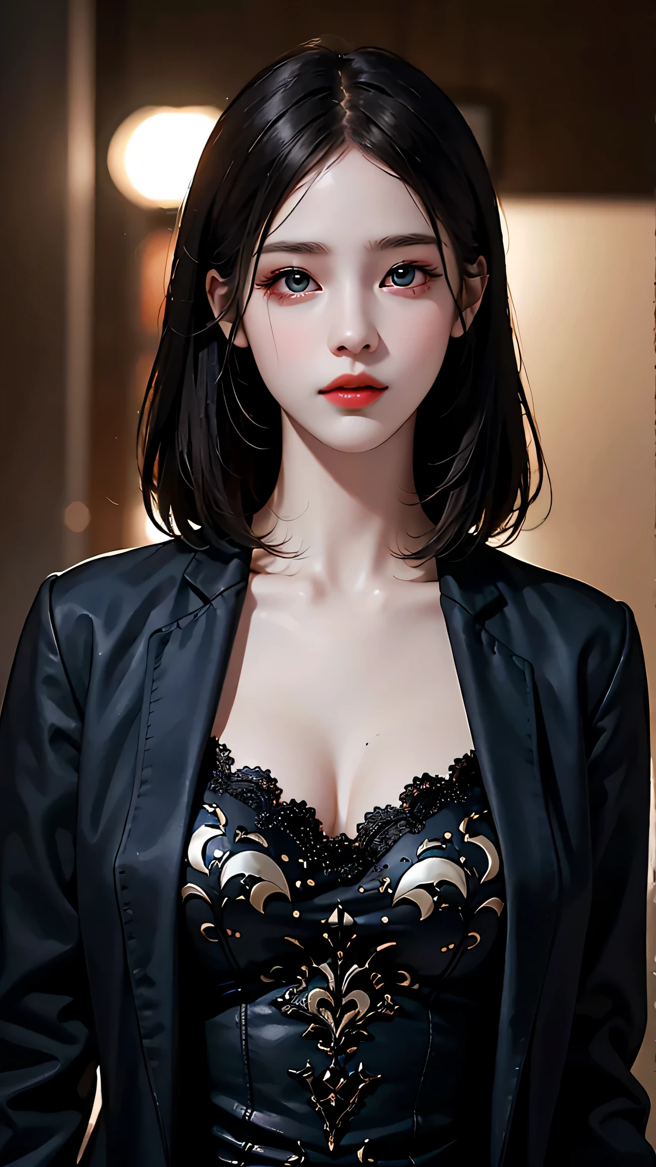 Beautiful girl with realistic black eyes, pale skin, medium length black hair, perfect face, perfect eyes, wearing a coat, very detailed, comprehensive movie, digital painting, 8K, cinematic lighting, highest quality, High resolution, great work, Post-processing, perfect result, surreal，(((revealing clothes)))，big breasts