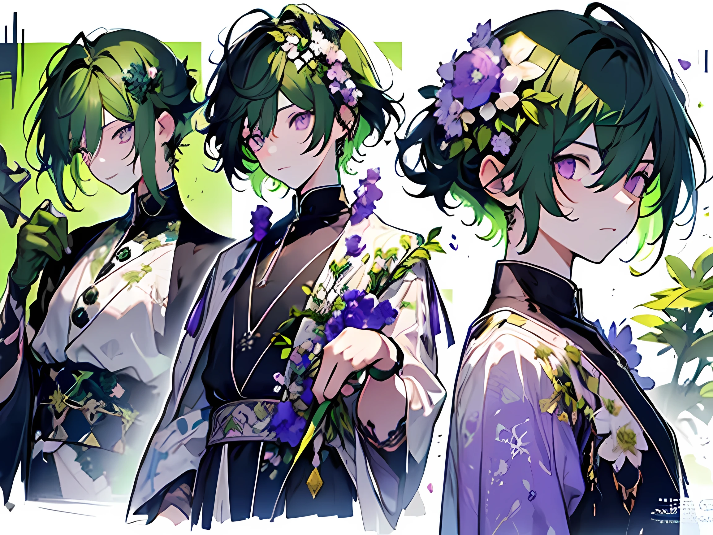 Anime male with saturated olive green hair and purple eyes. Cotaggecore clothing. Vtuber design with detailed outfit. A flower spirit who loves gardening.