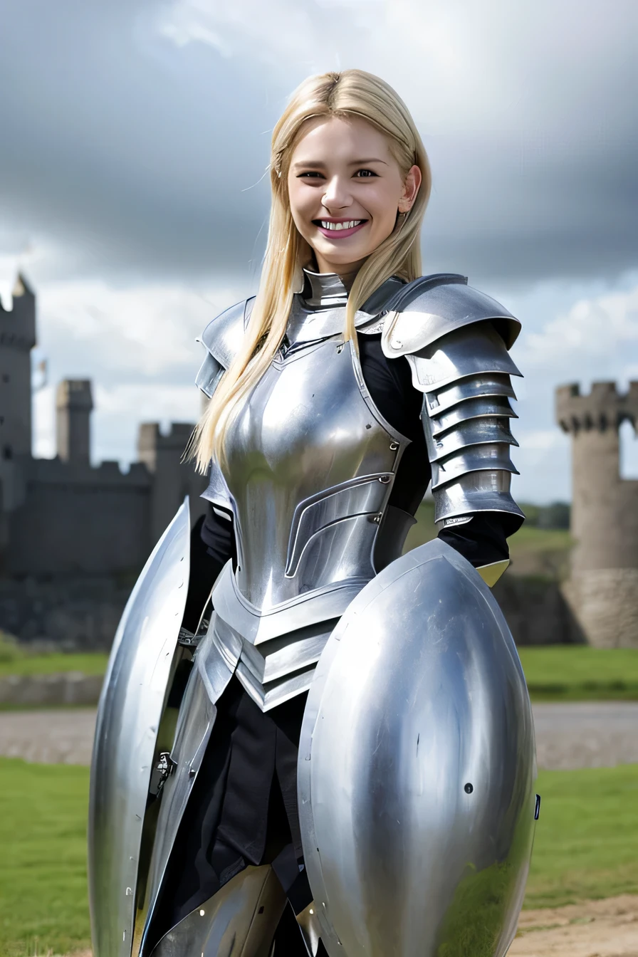 Ｋ、highest quality、female knight、The background is a castle、Luxurious Silver Armor、heavy equipment、hairstyle shortcut、smile、beautiful teeth、full body photo、ear piercing、white woman、blonde hair、blue eyes、Gummy Smile、The background is a cloudy sky、heavy makeup