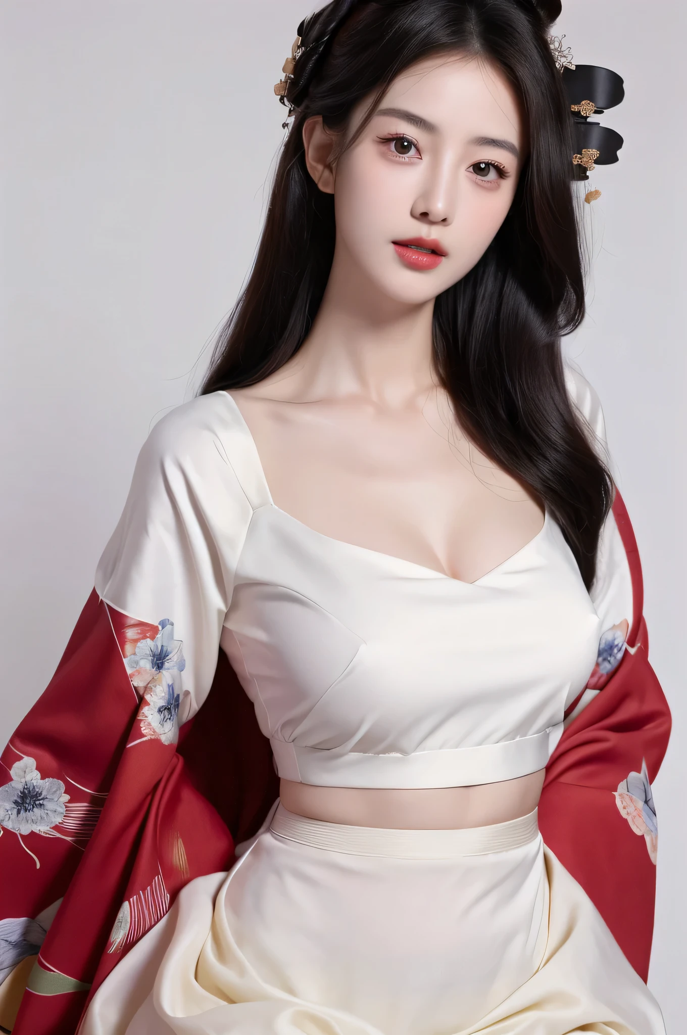 （lifelike,High resolution：1.3）， slim girl， The face shape and eyes are super delicate,black hair,red glossy lips,(pretty face), (best quality), (super detailed), (Extremely detailed CG unified 8K wallpaper),((kimono)),(White background),(split),sexy look,big eyes,(permanent),(slim waistline),perky breasts,Soft breasts,Very real breasts,sexy pose,(big breasts),(huge breasts)