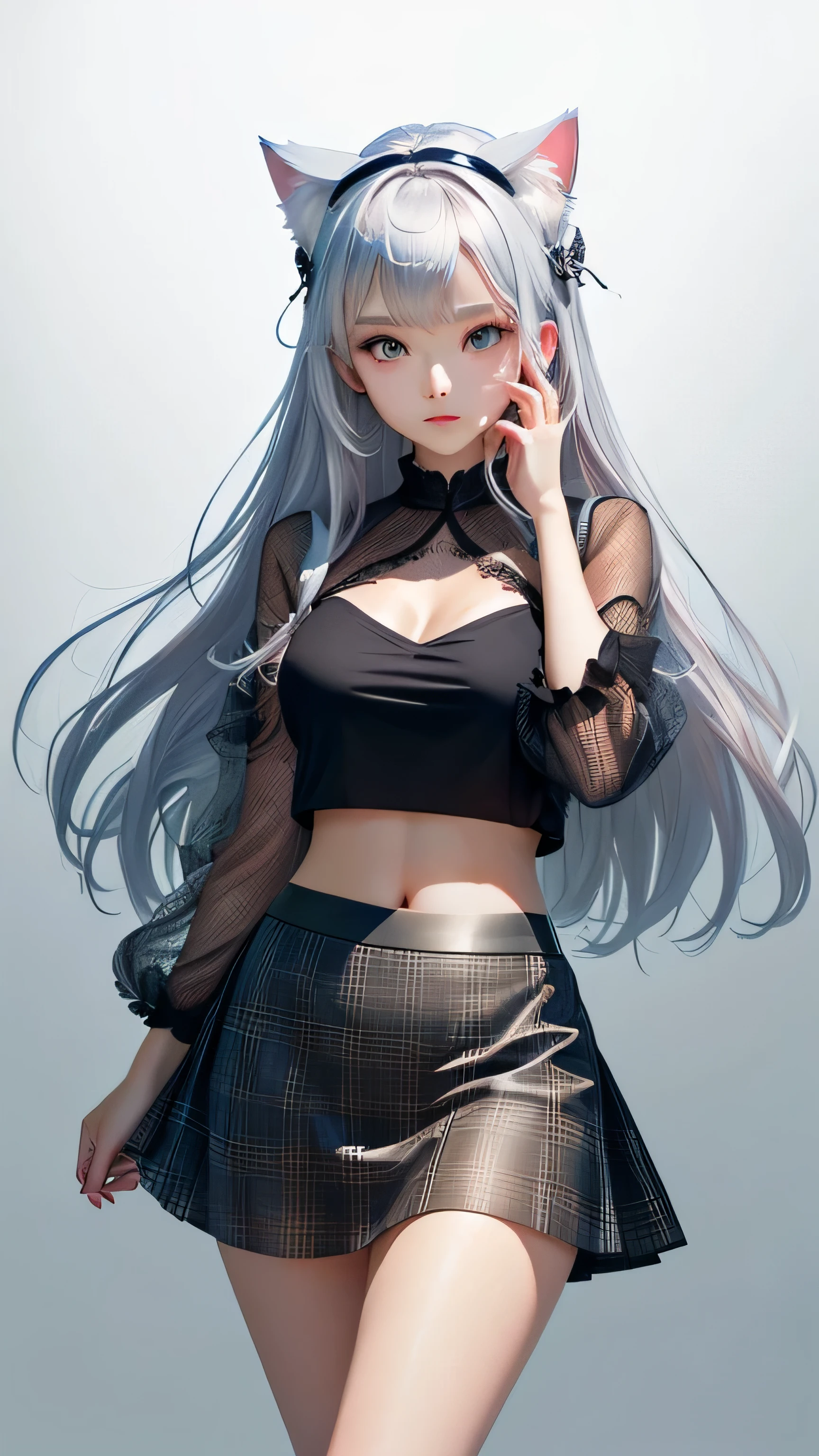 Girl with blue eyes and fluffy cat ears, in a black top and skirt (masterpiece:1.1), (white 
see-through-blouse:1.1) (best quality:1.1), (plaid skirt:1.1), high-waisted long skirt, BREAK [blue:pink:0.5] theme, (gradient background: 1.1 ), cowboy shot, break silver hair, long hair,, green eyes, delicate headgear