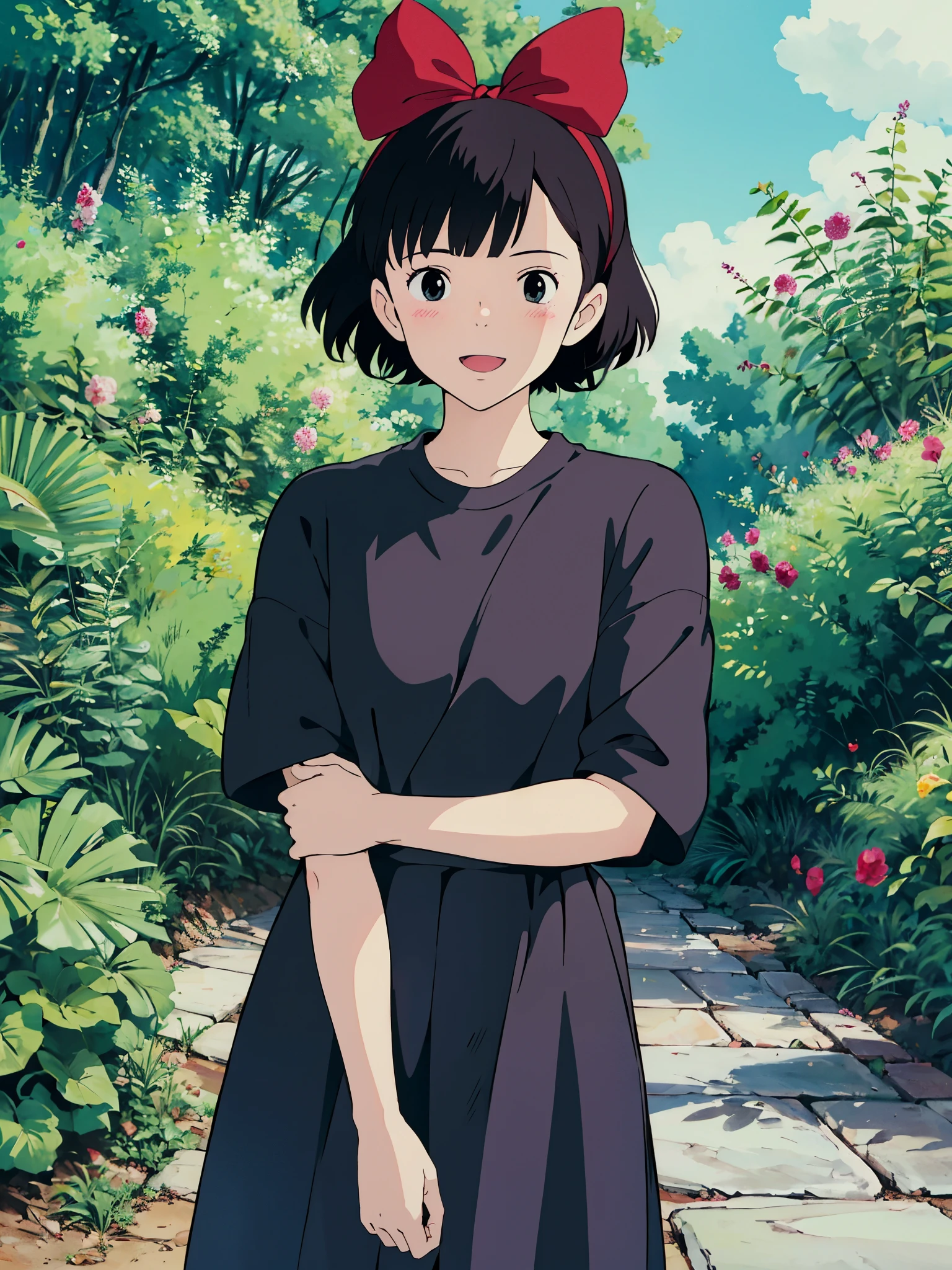 ghibli style, kiki \(majo no takkyuubin\), 1girl,, bangs, black eyes, black hair, black shirt, blush, bow, bow hairband,  hair bow, hairband,  outdoors, red bow, red hairband, shirt, short hair, solo, sunlight, upper body, happy , ((masterpiece)) 