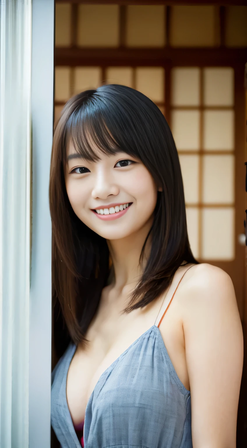 masterpiece,best quality,(Japanese ),((Beautiful girl)),cleavage,indoor,(perfect body beauty:1.2),(shy smile),beautiful teeth,