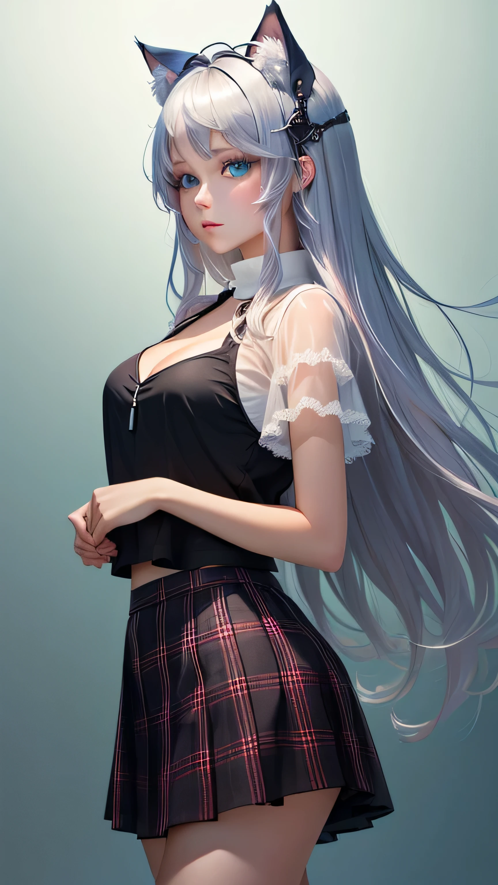 Girl with blue eyes and fluffy cat ears, in a black top and skirt (masterpiece:1.1), (white 
see-through-blouse:1.1) (best quality:1.1), (plaid skirt:1.1), high-waisted long skirt, BREAK [blue:pink:0.5] theme, (gradient background: 1.1 ), cowboy shot, break silver hair, long hair,, green eyes, delicate headgear